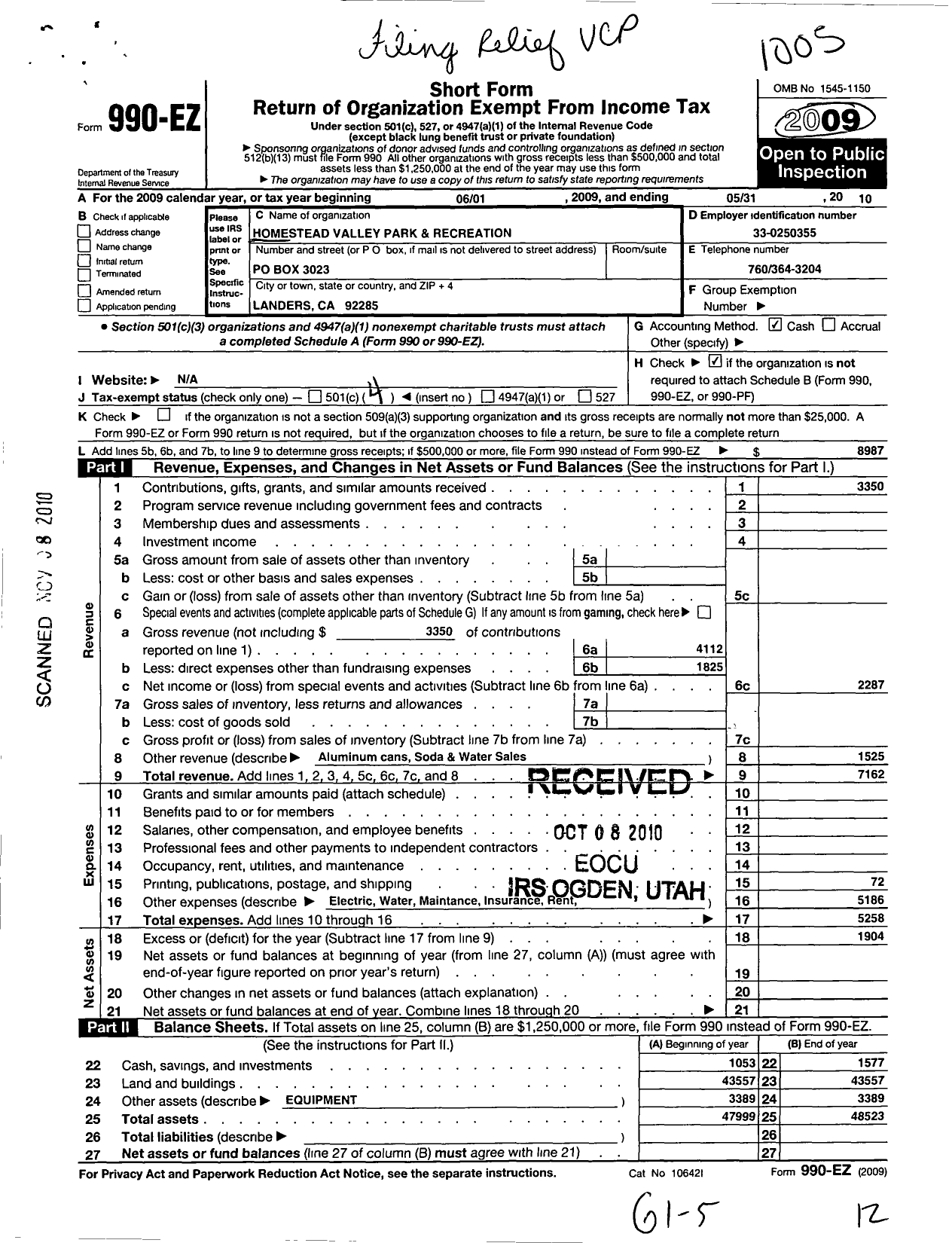 Image of first page of 2009 Form 990EO for Homestead Valley Park and Recreation