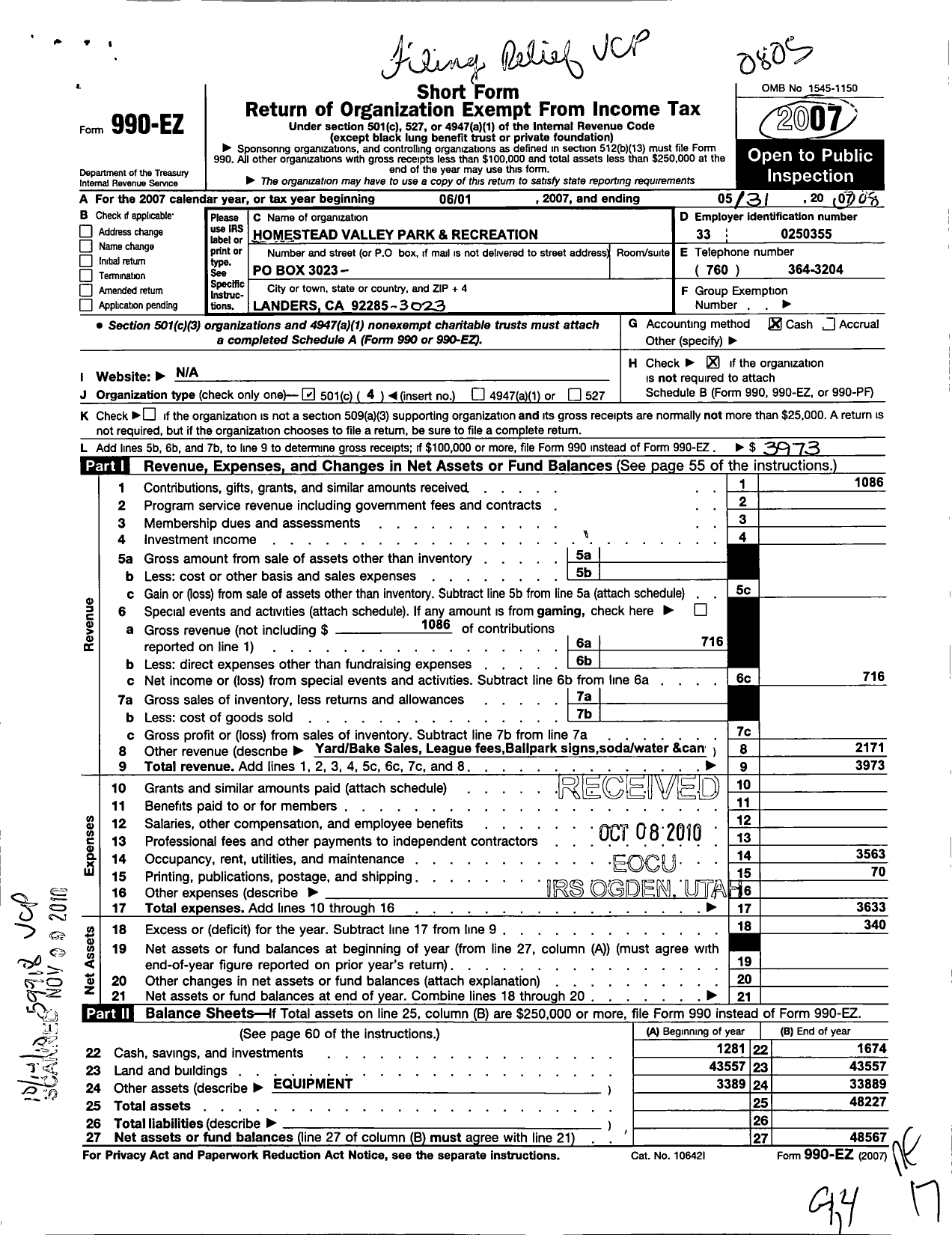 Image of first page of 2007 Form 990EO for Homestead Valley Park and Recreation