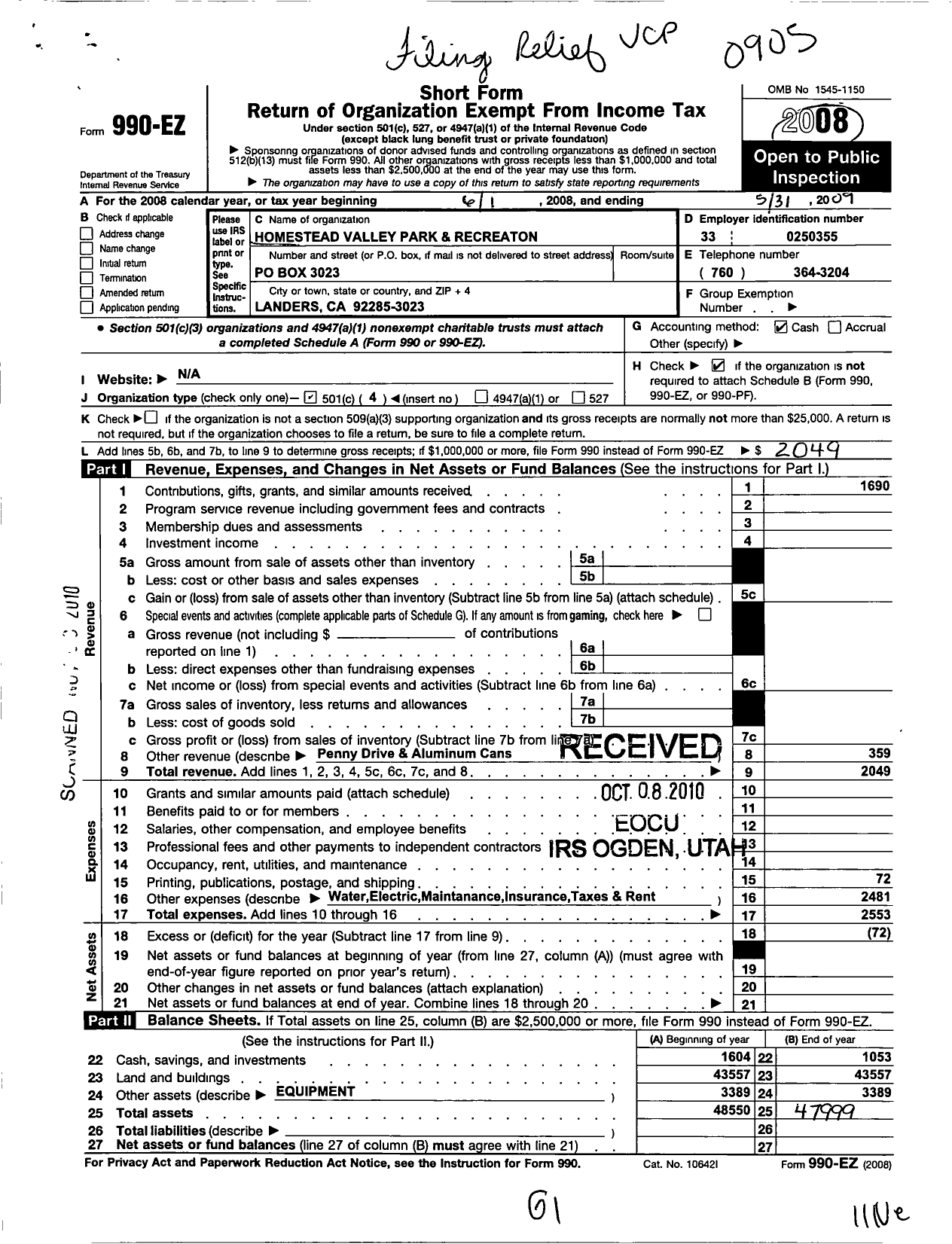 Image of first page of 2008 Form 990EO for Homestead Valley Park and Recreation