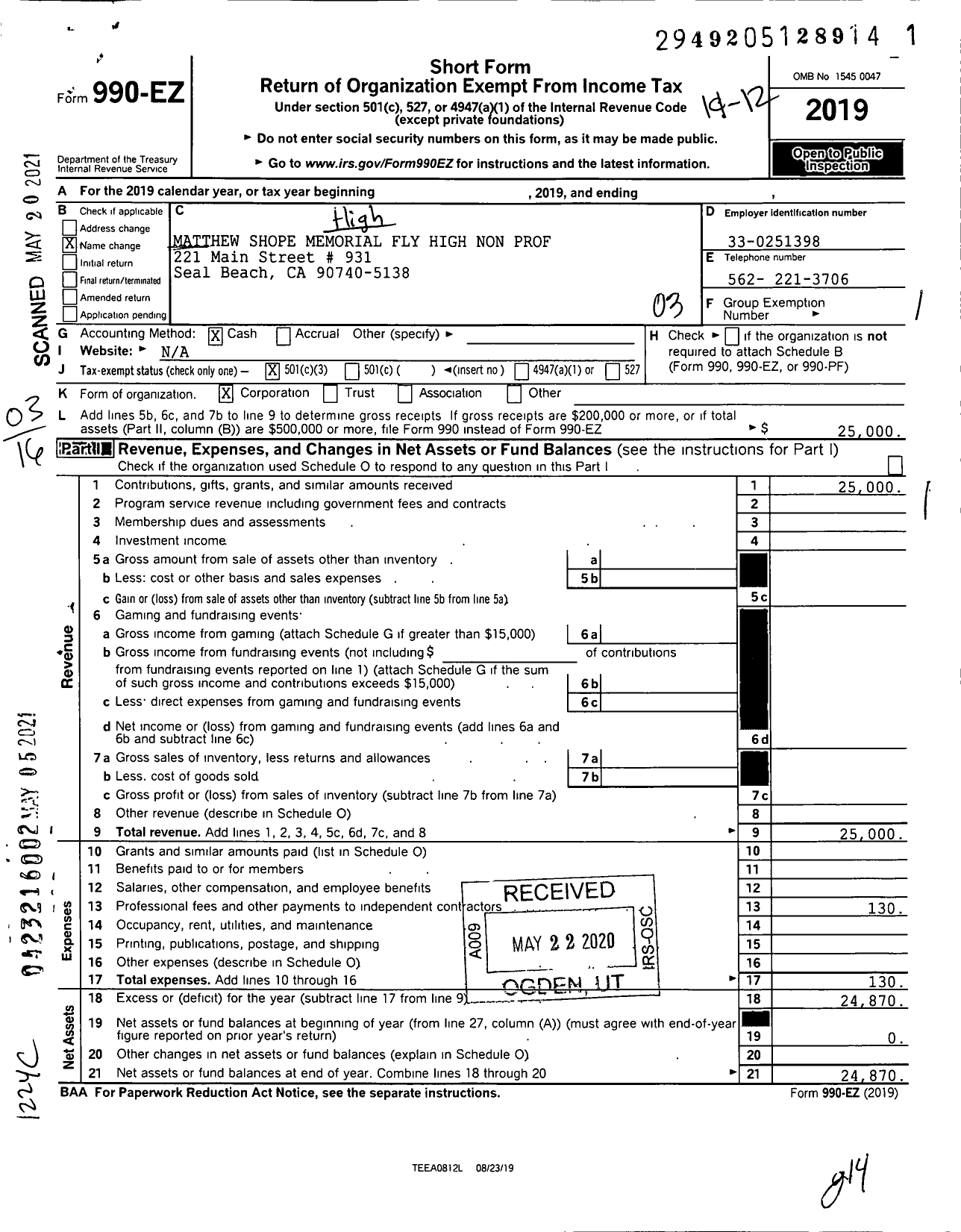 Image of first page of 2019 Form 990EZ for MATTHEW SHOPE MEMORIAL FLY HIGH NON Profit