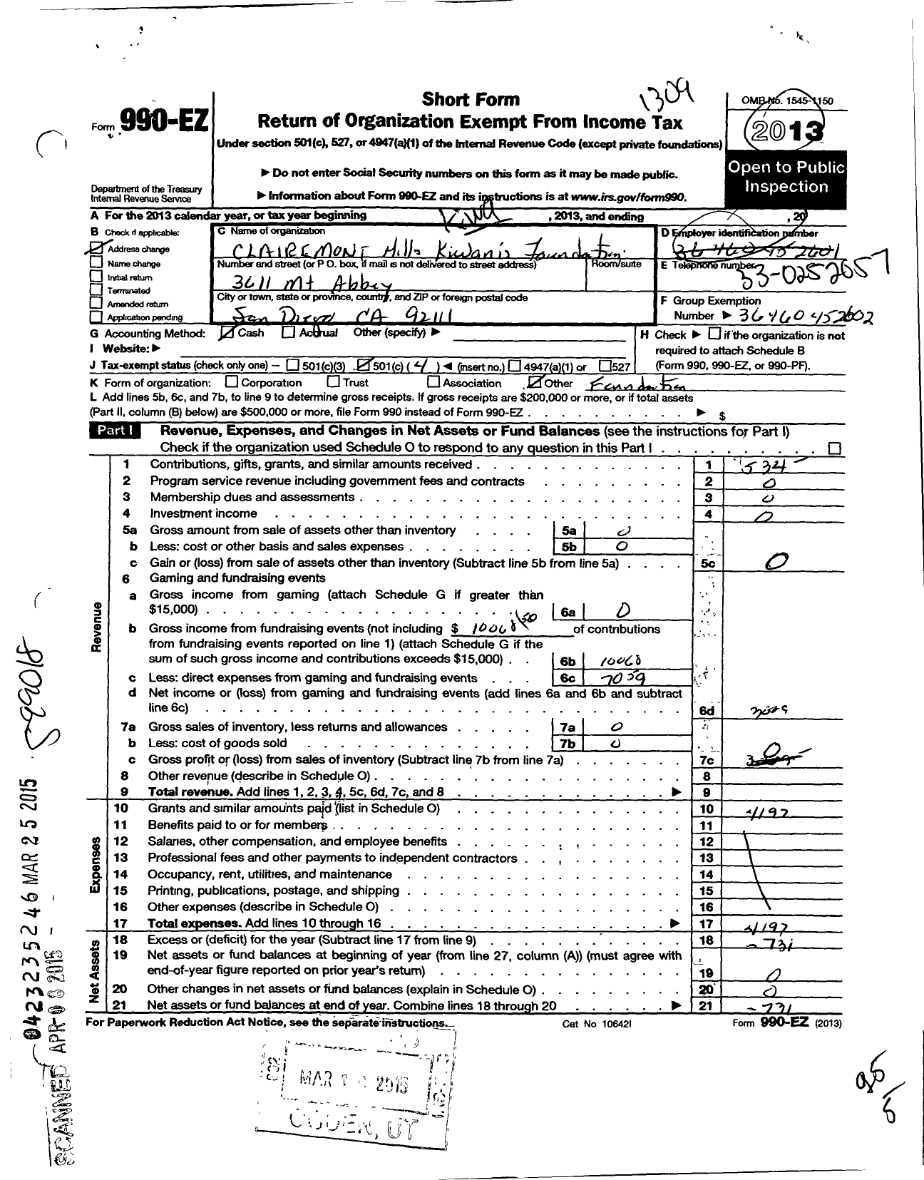 Image of first page of 2012 Form 990EO for Kiwanis International - K04879 Clairemont Hills San Diego