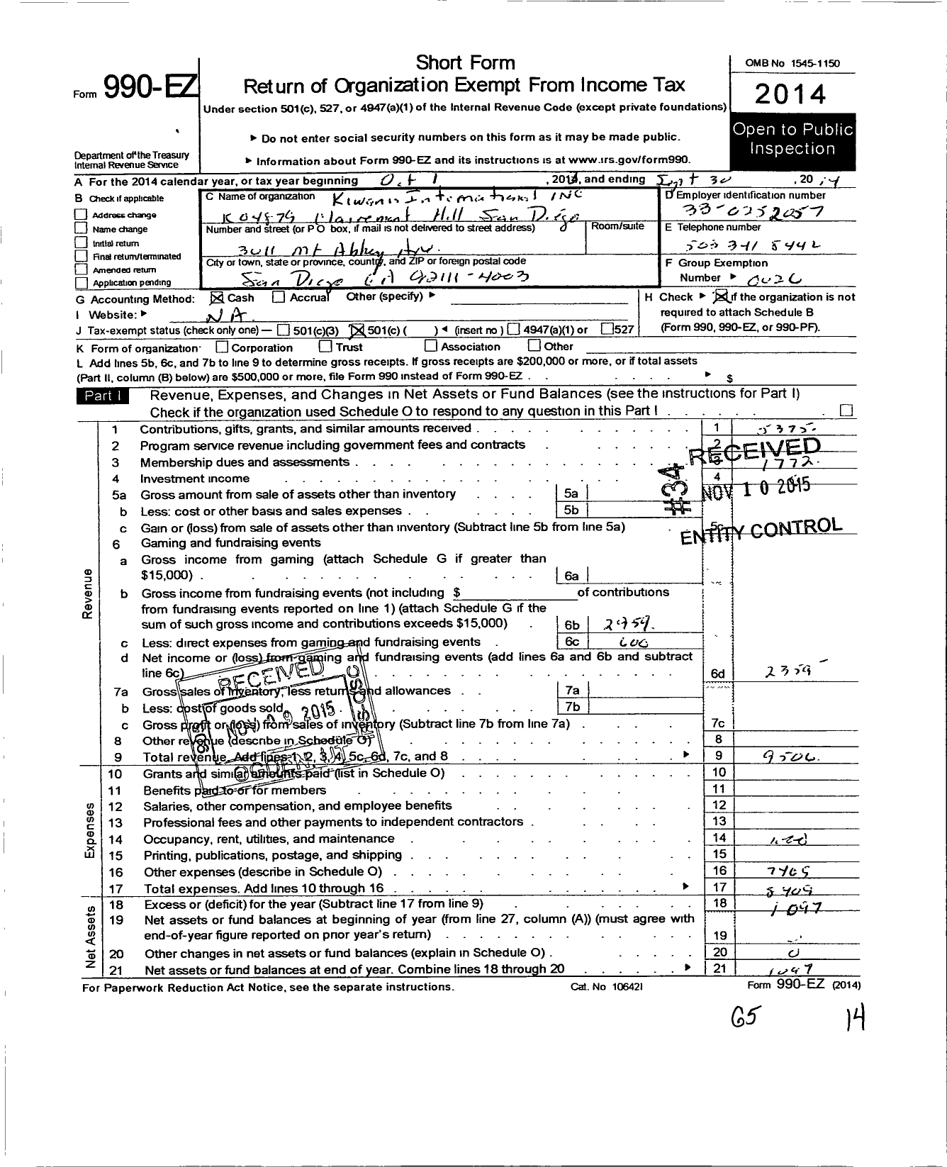 Image of first page of 2013 Form 990EO for Kiwanis International - K04879 Clairemont Hills San Diego