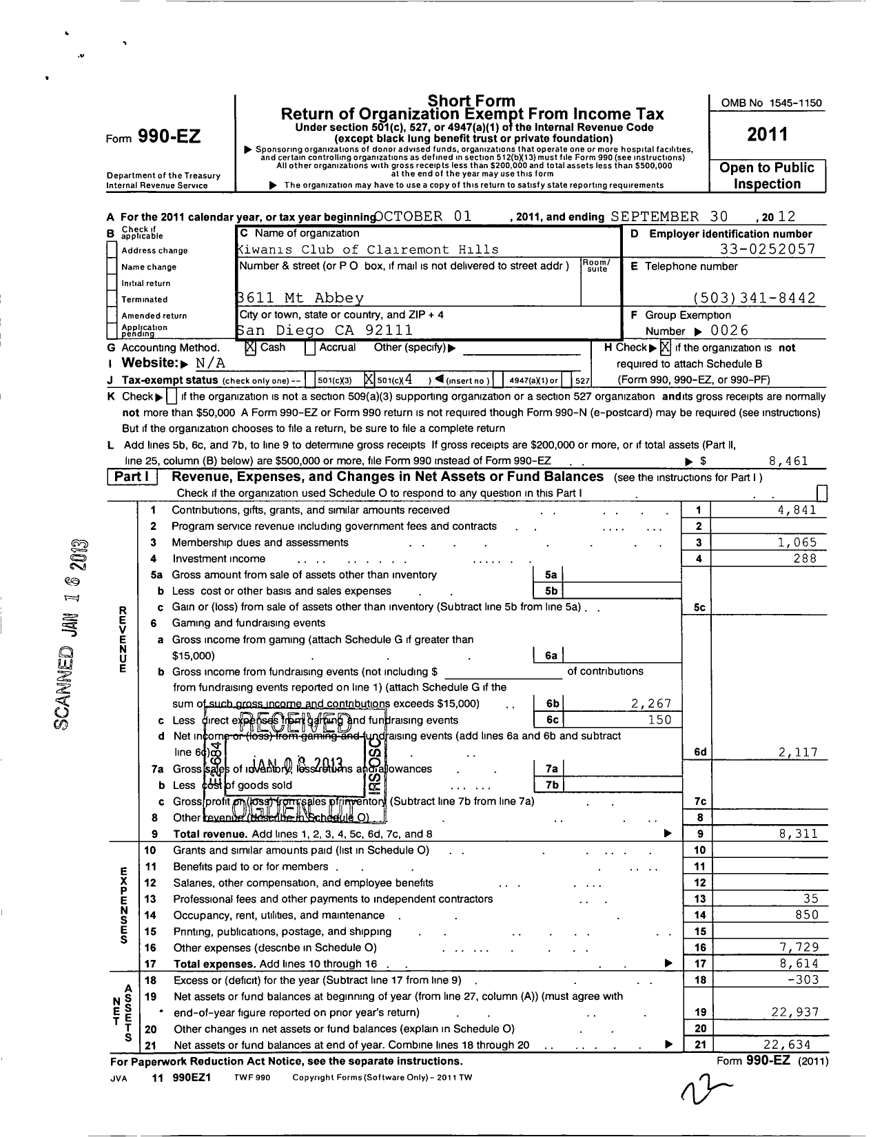 Image of first page of 2011 Form 990EO for Kiwanis International - K04879 Clairemont Hills San Diego