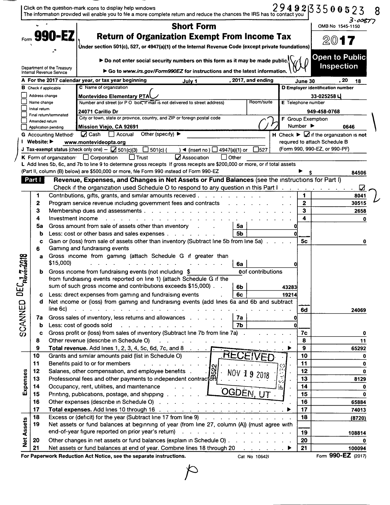 Image of first page of 2017 Form 990EZ for California State PTA - Montevideo Elementary PTA