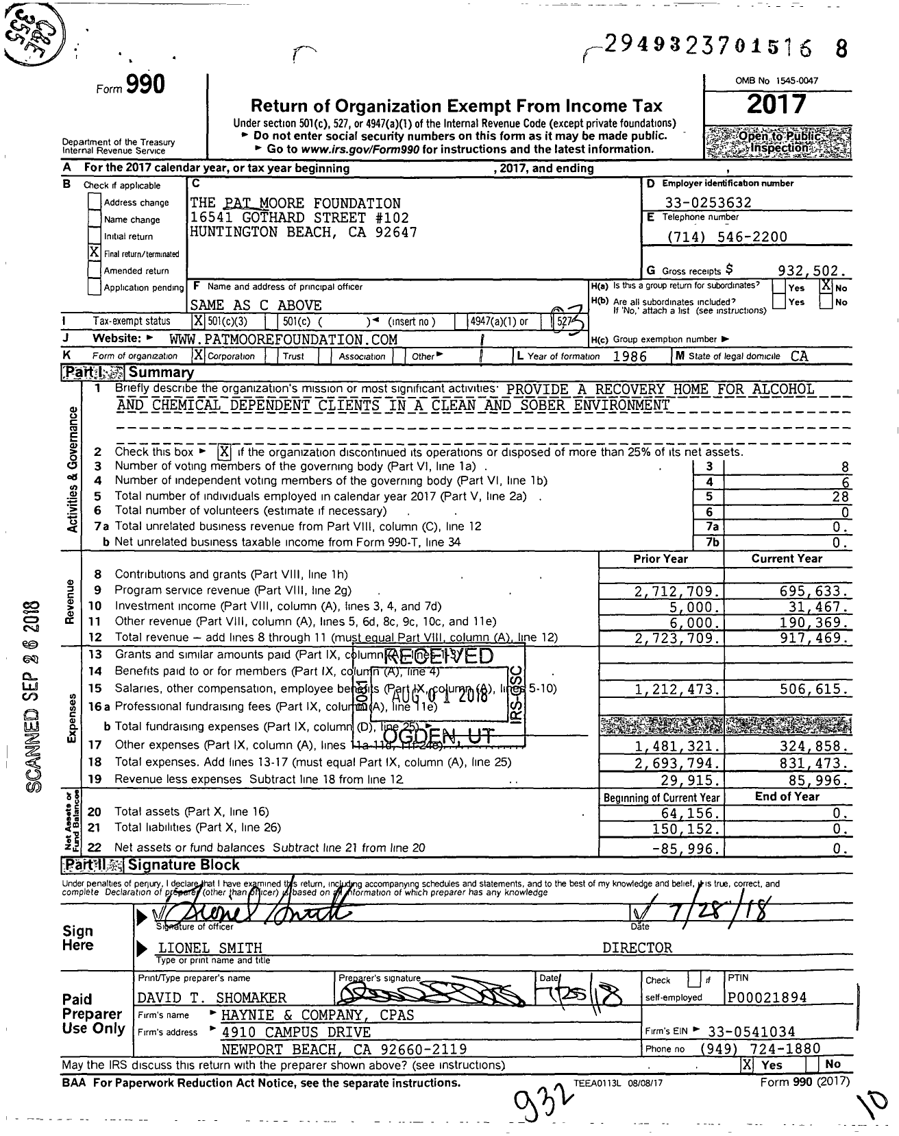 Image of first page of 2017 Form 990 for The Pat Moore Foundation