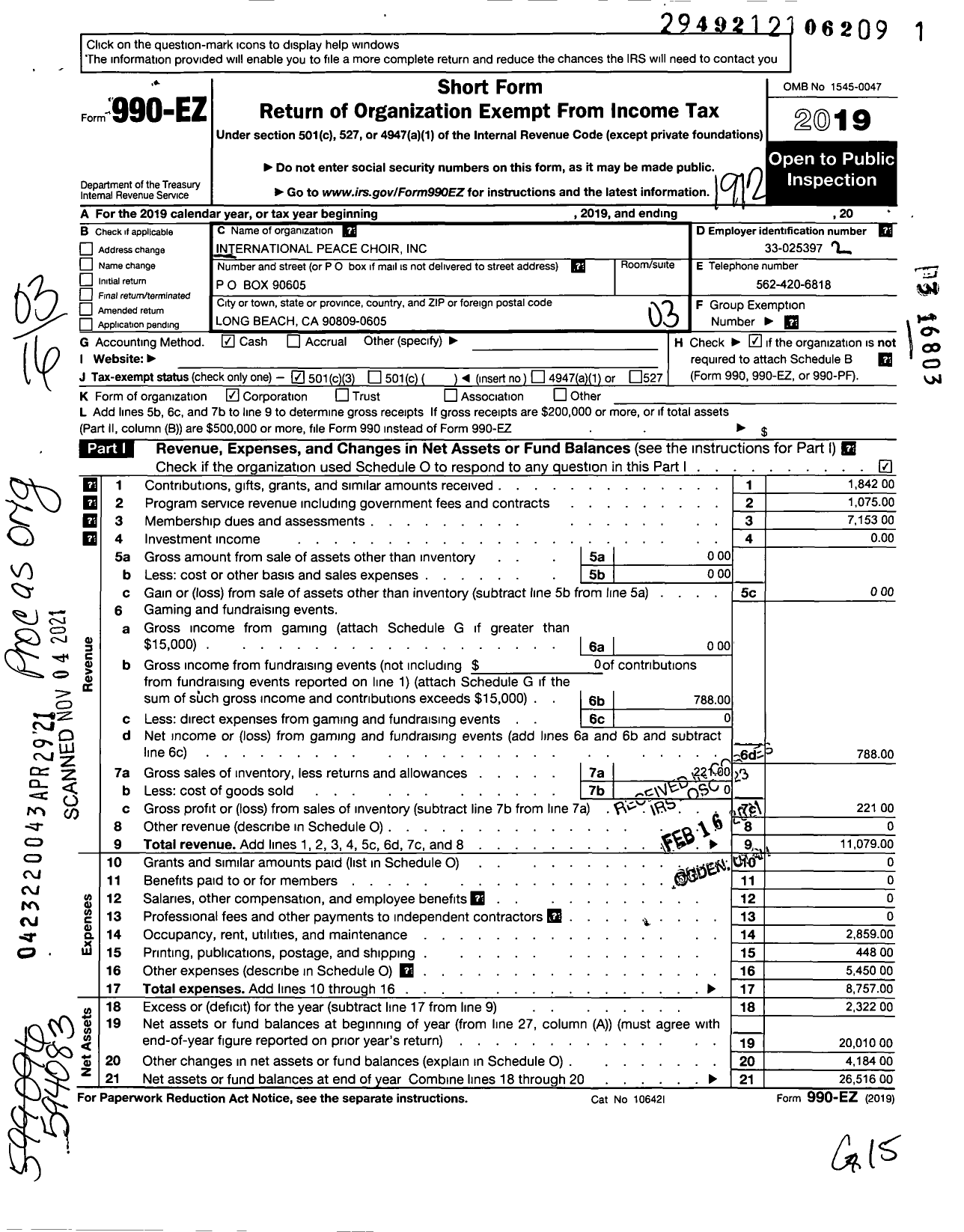 Image of first page of 2019 Form 990EZ for International Peace Choir