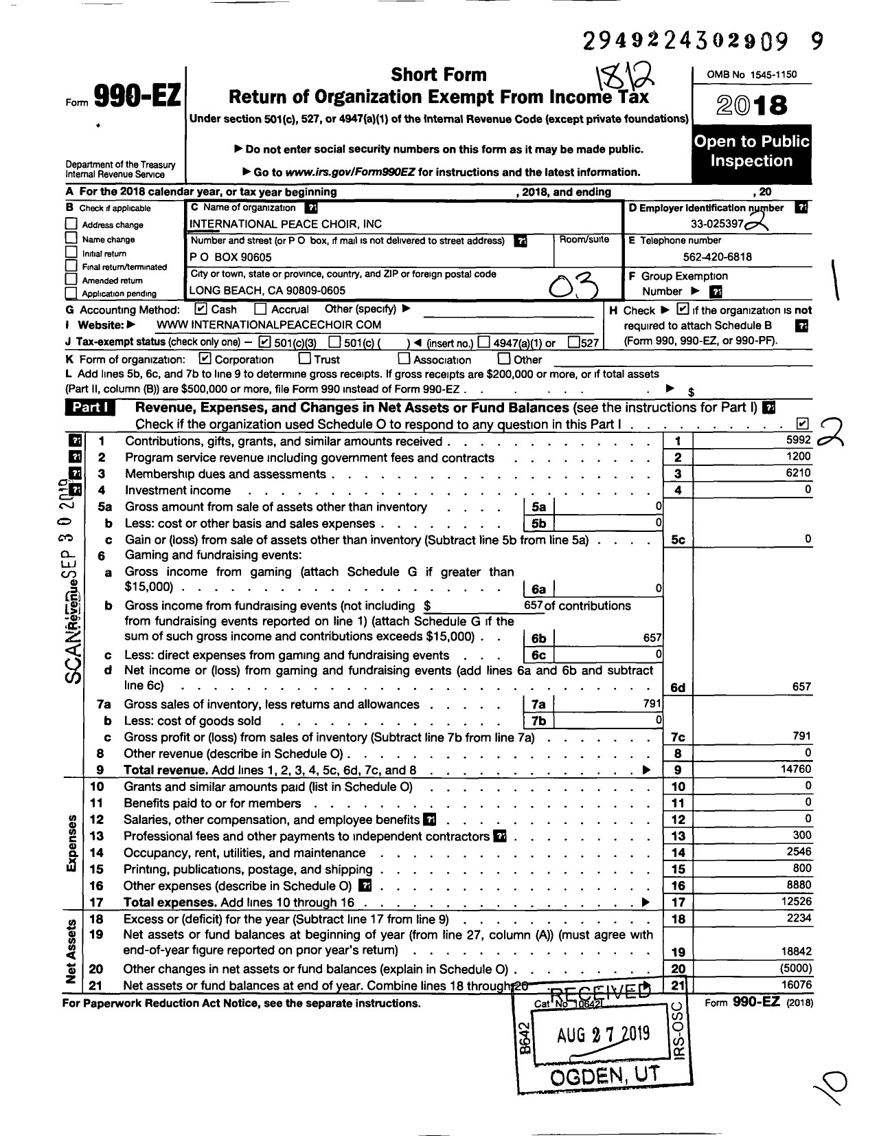 Image of first page of 2018 Form 990EZ for International Peace Choir