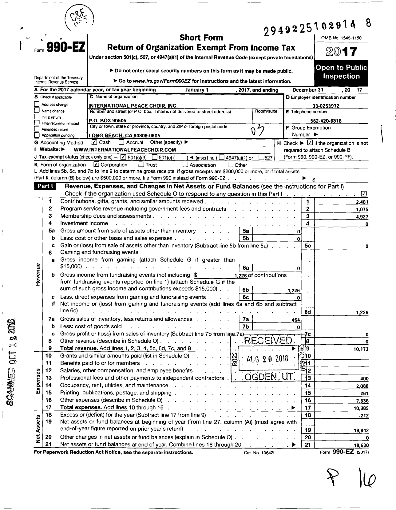 Image of first page of 2017 Form 990EZ for International Peace Choir