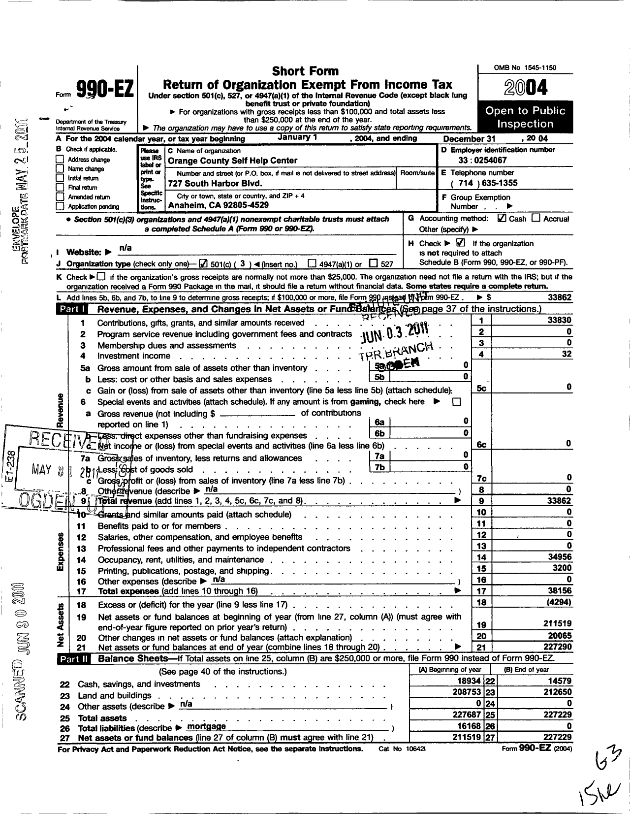 Image of first page of 2004 Form 990EZ for Orange County Self Help Center