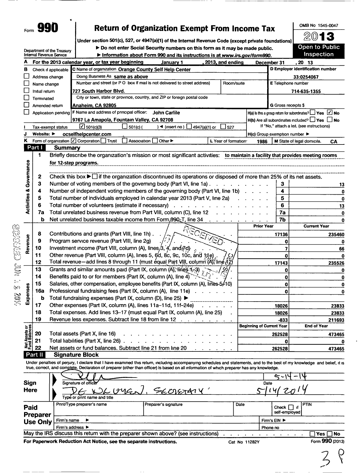 Image of first page of 2013 Form 990 for Orange County Self Help Center