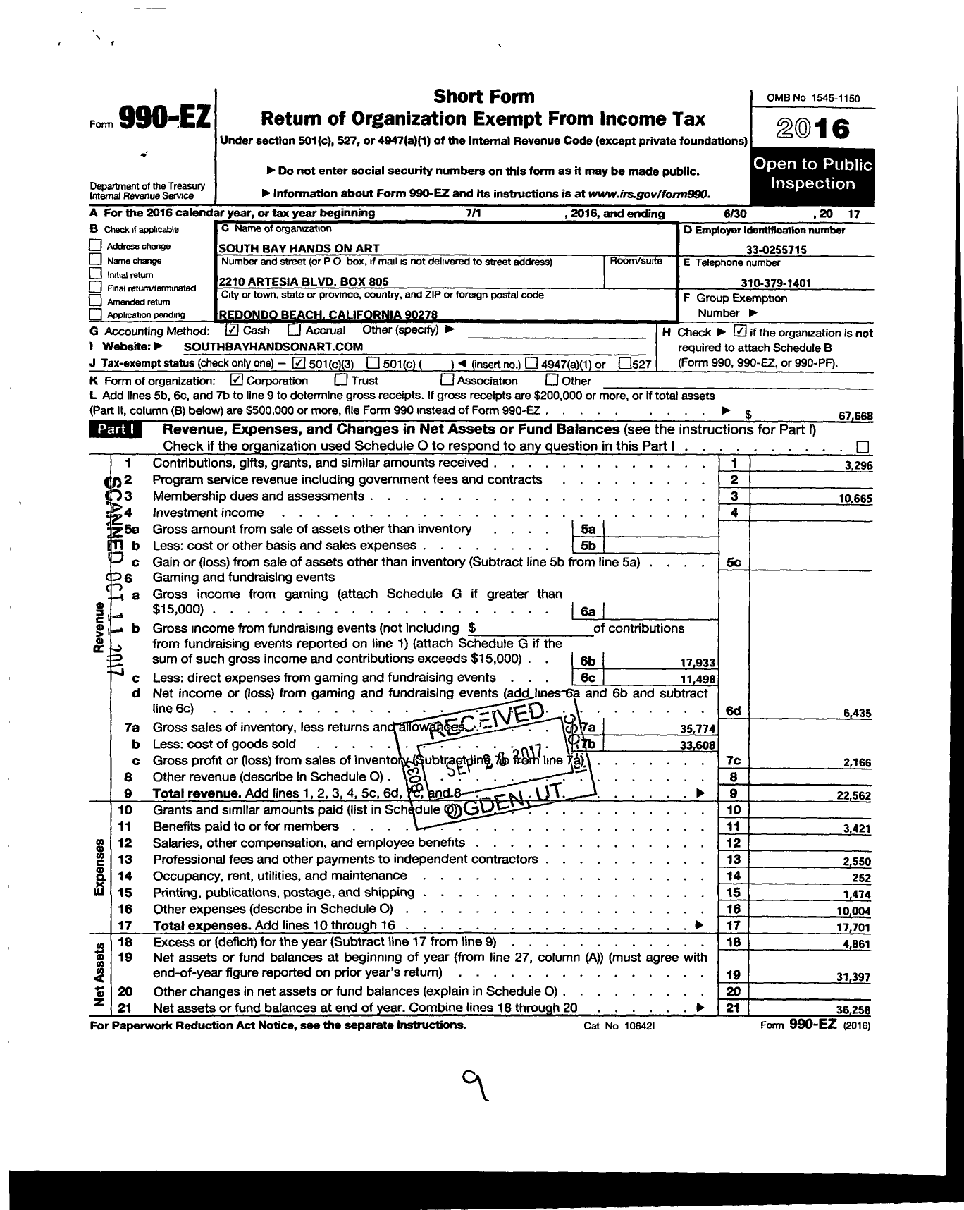 Image of first page of 2016 Form 990EZ for South Bay Hands on Art Hands on Art