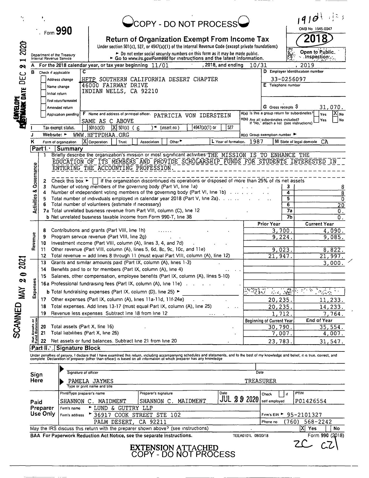 Image of first page of 2018 Form 990OA for HFTP of Socal Desert Chapter