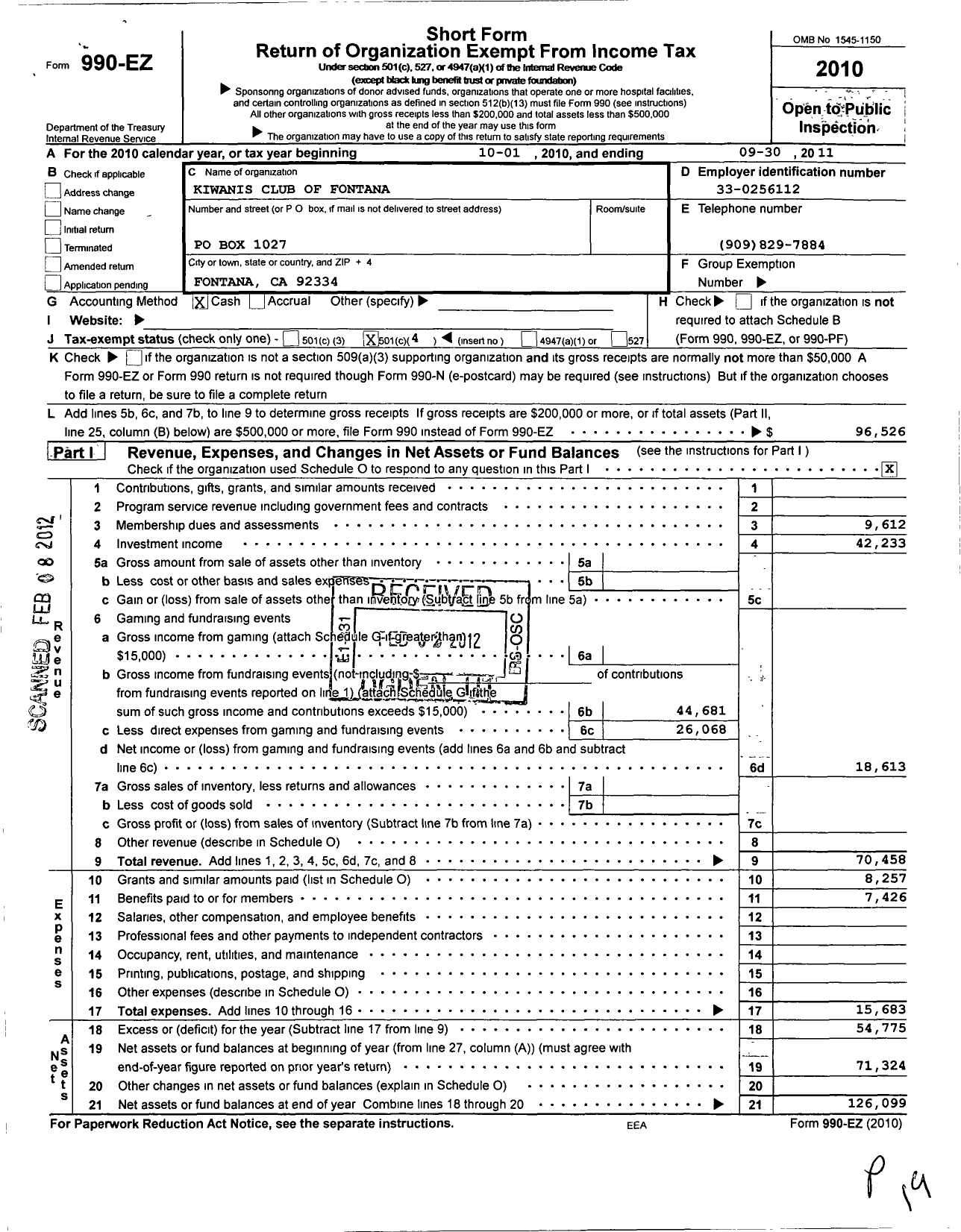 Image of first page of 2010 Form 990EO for Kiwanis International - K12051 Fontana