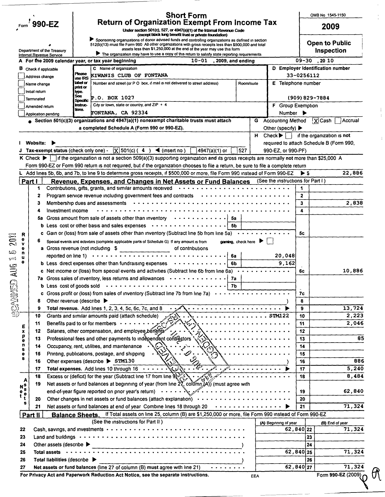 Image of first page of 2009 Form 990EO for Kiwanis International - K12051 Fontana