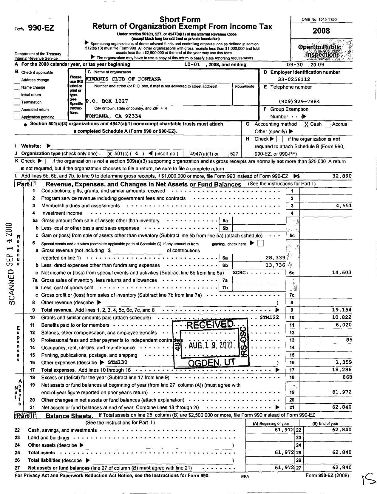 Image of first page of 2008 Form 990EO for Kiwanis International - K12051 Fontana