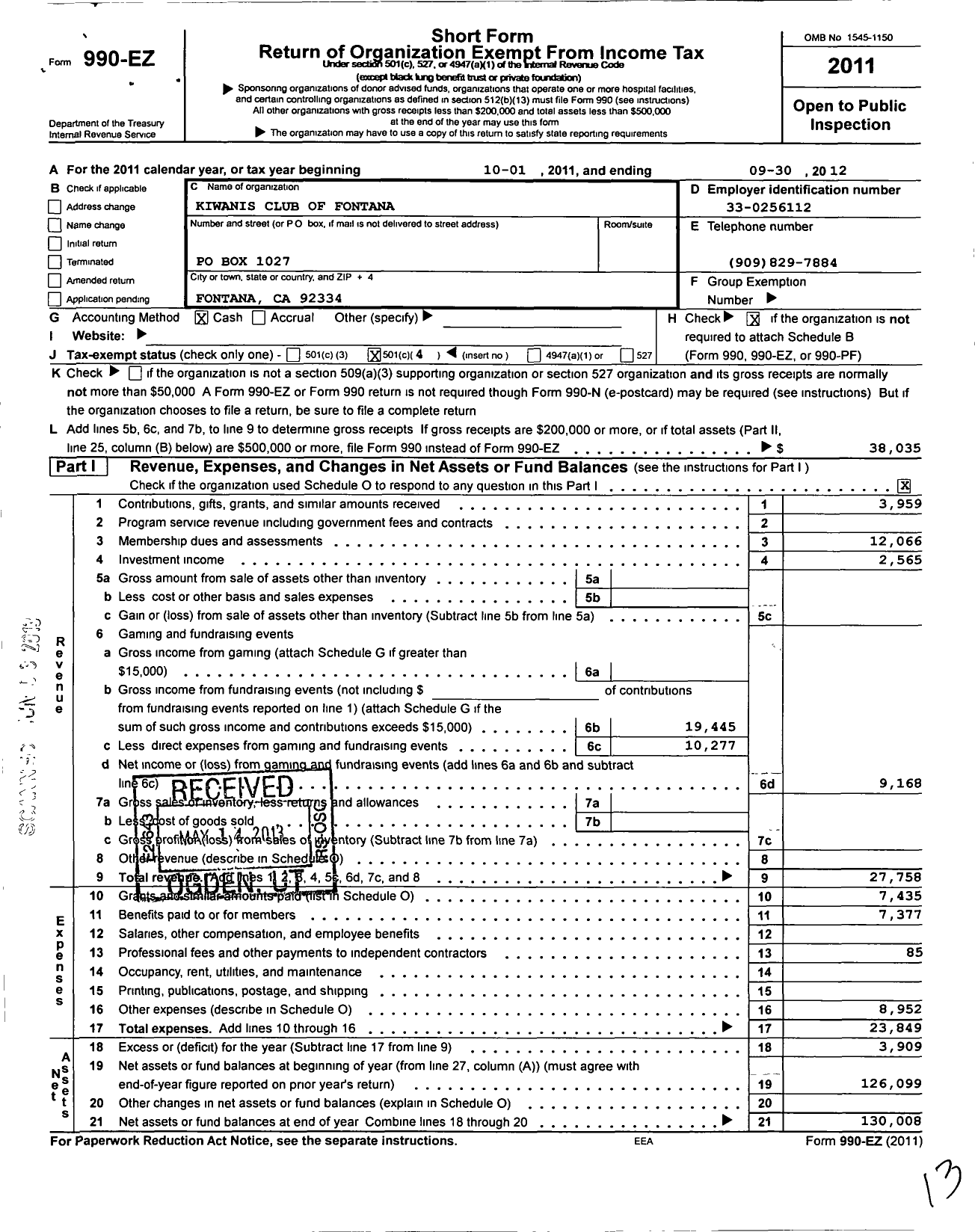 Image of first page of 2011 Form 990EO for Kiwanis International - K12051 Fontana