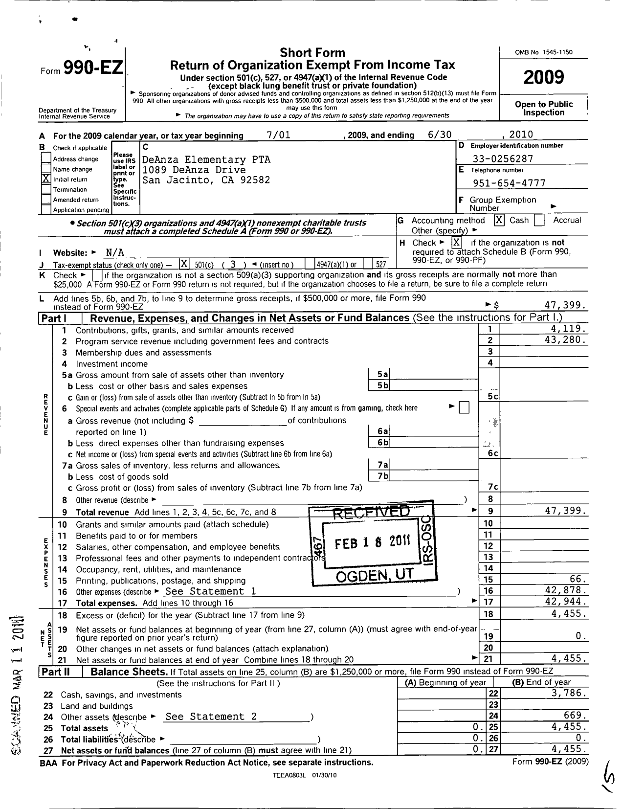 Image of first page of 2009 Form 990EZ for California State PTA - 3951 de Anza Elementary PTA