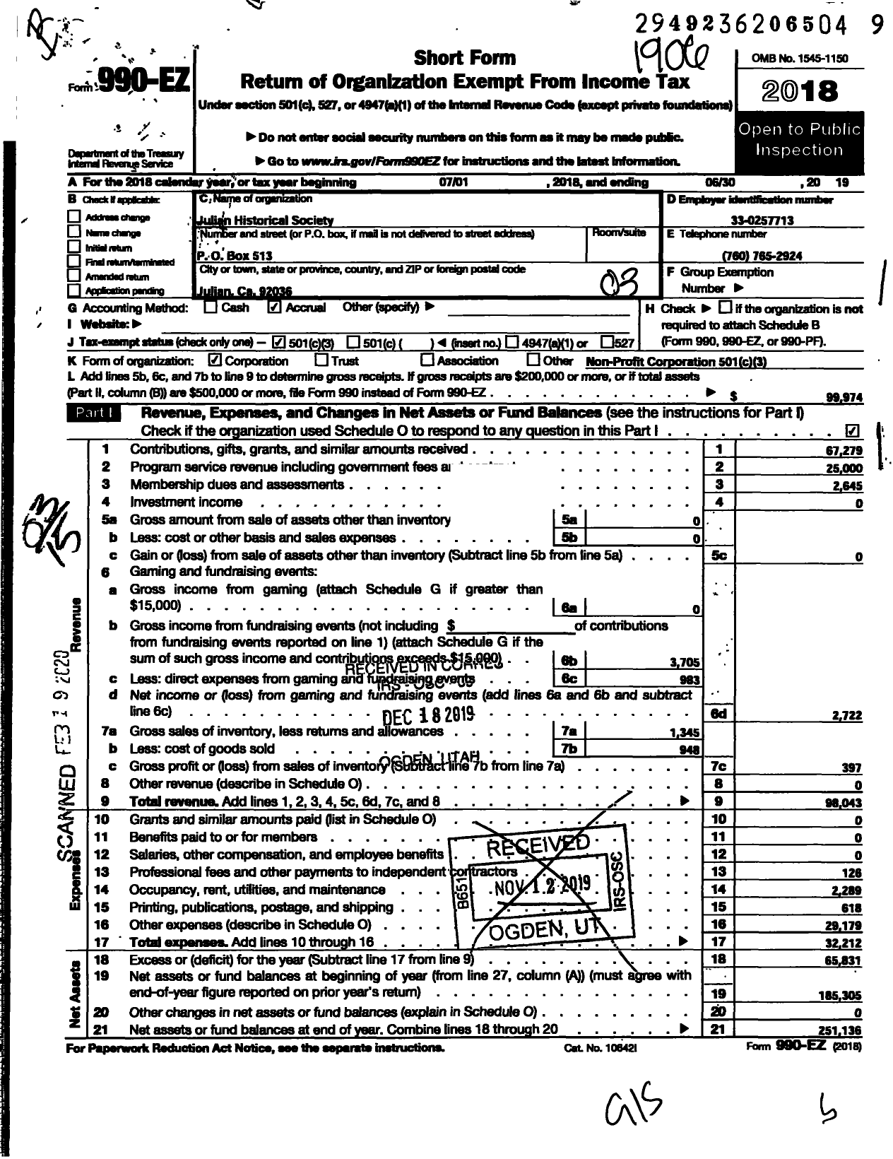 Image of first page of 2018 Form 990EZ for Julian Historical Society