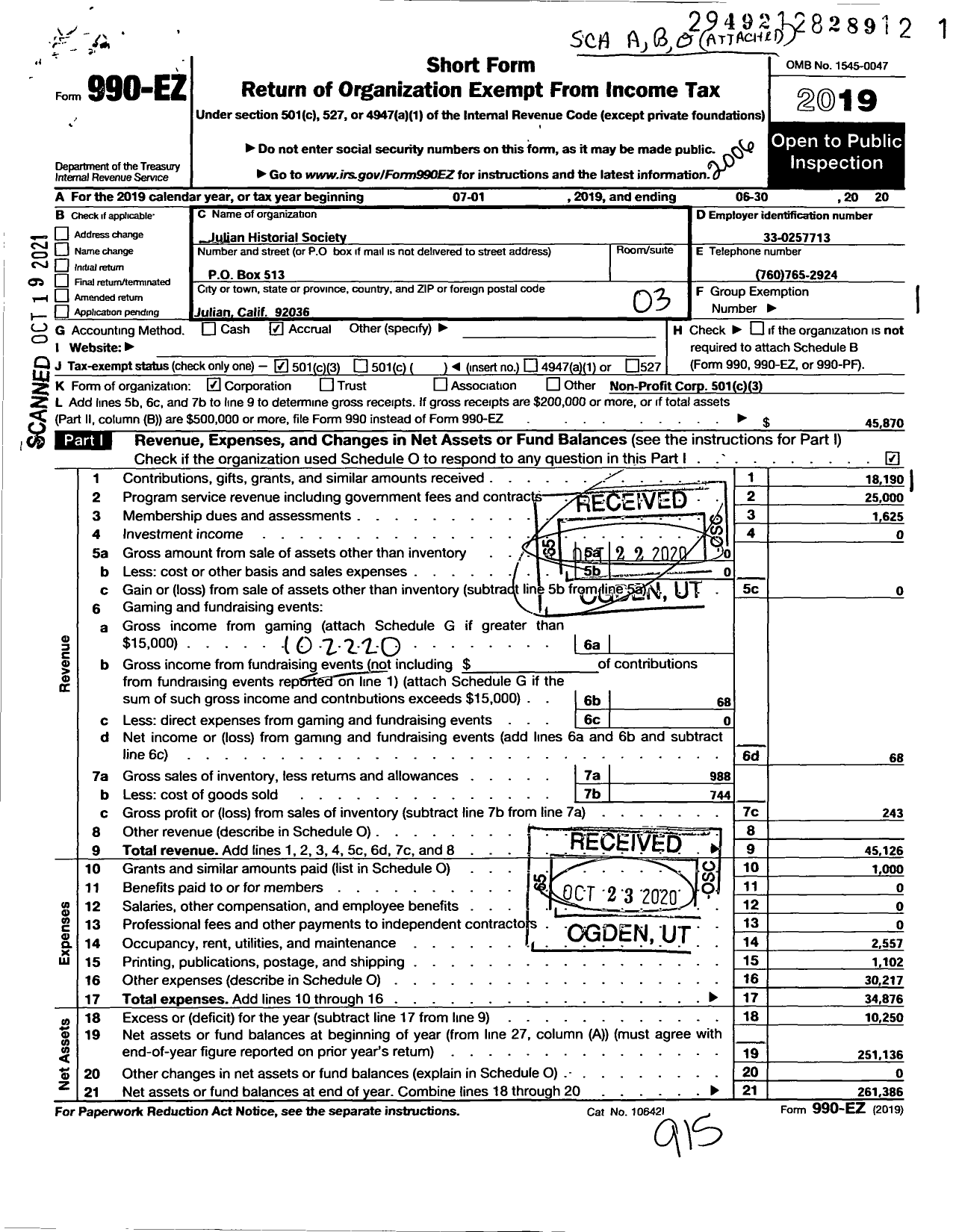 Image of first page of 2019 Form 990EZ for Julian Historical Society