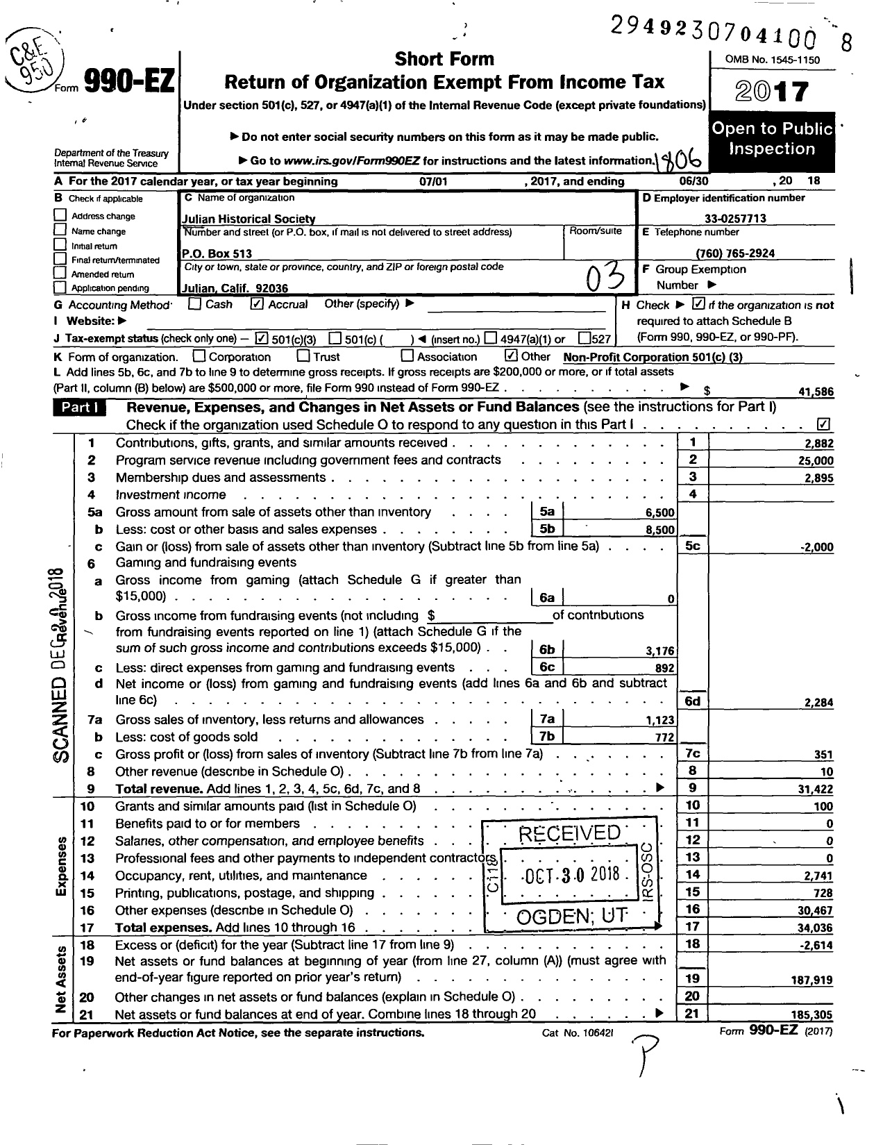 Image of first page of 2017 Form 990EZ for Julian Historical Society