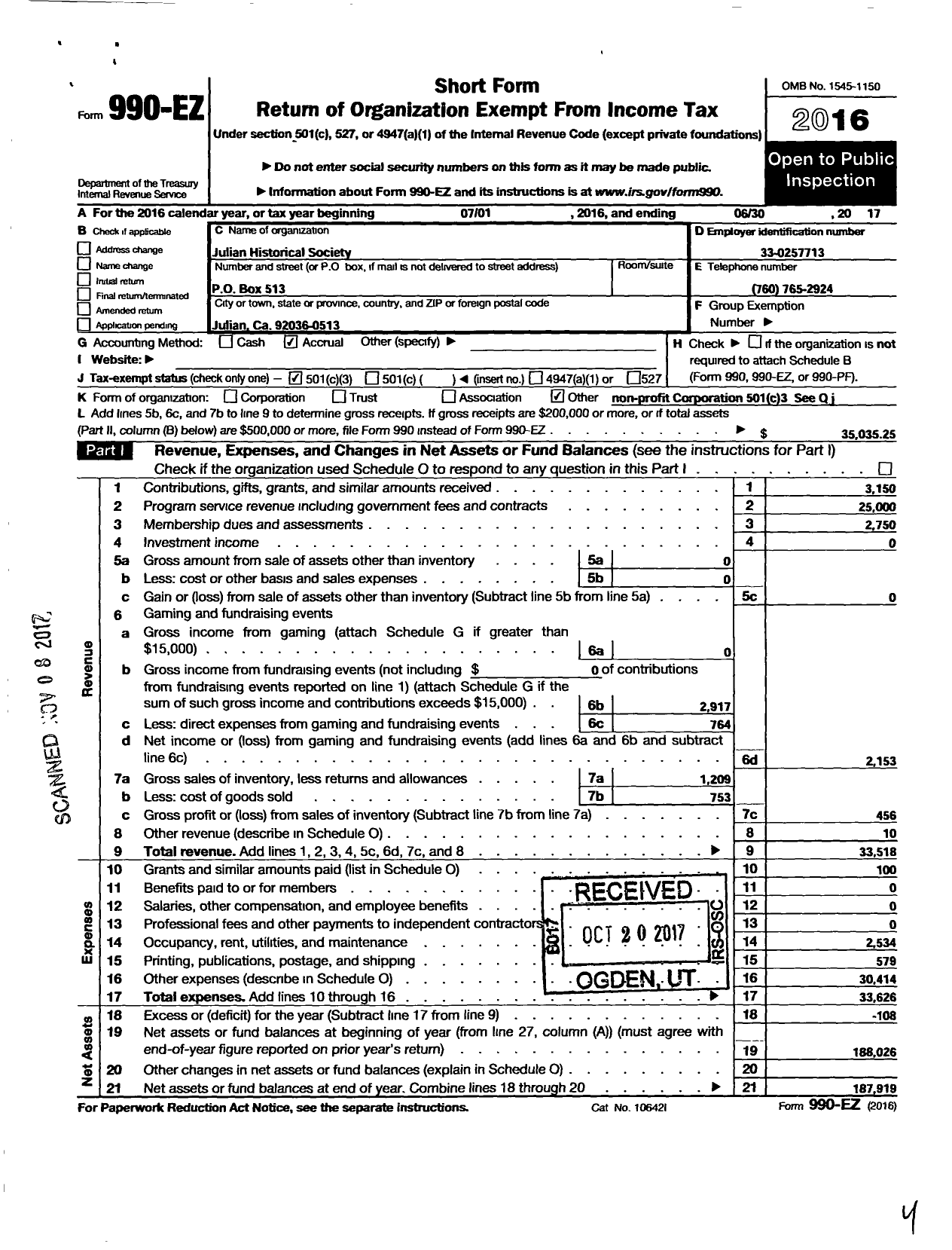 Image of first page of 2016 Form 990EZ for Julian Historical Society