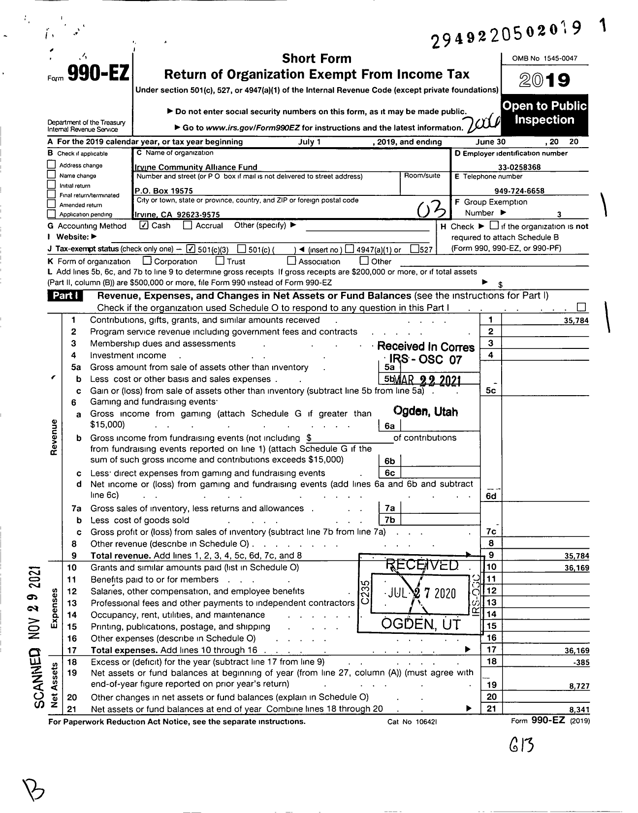 Image of first page of 2019 Form 990EZ for Irvine Community Alliance Fund