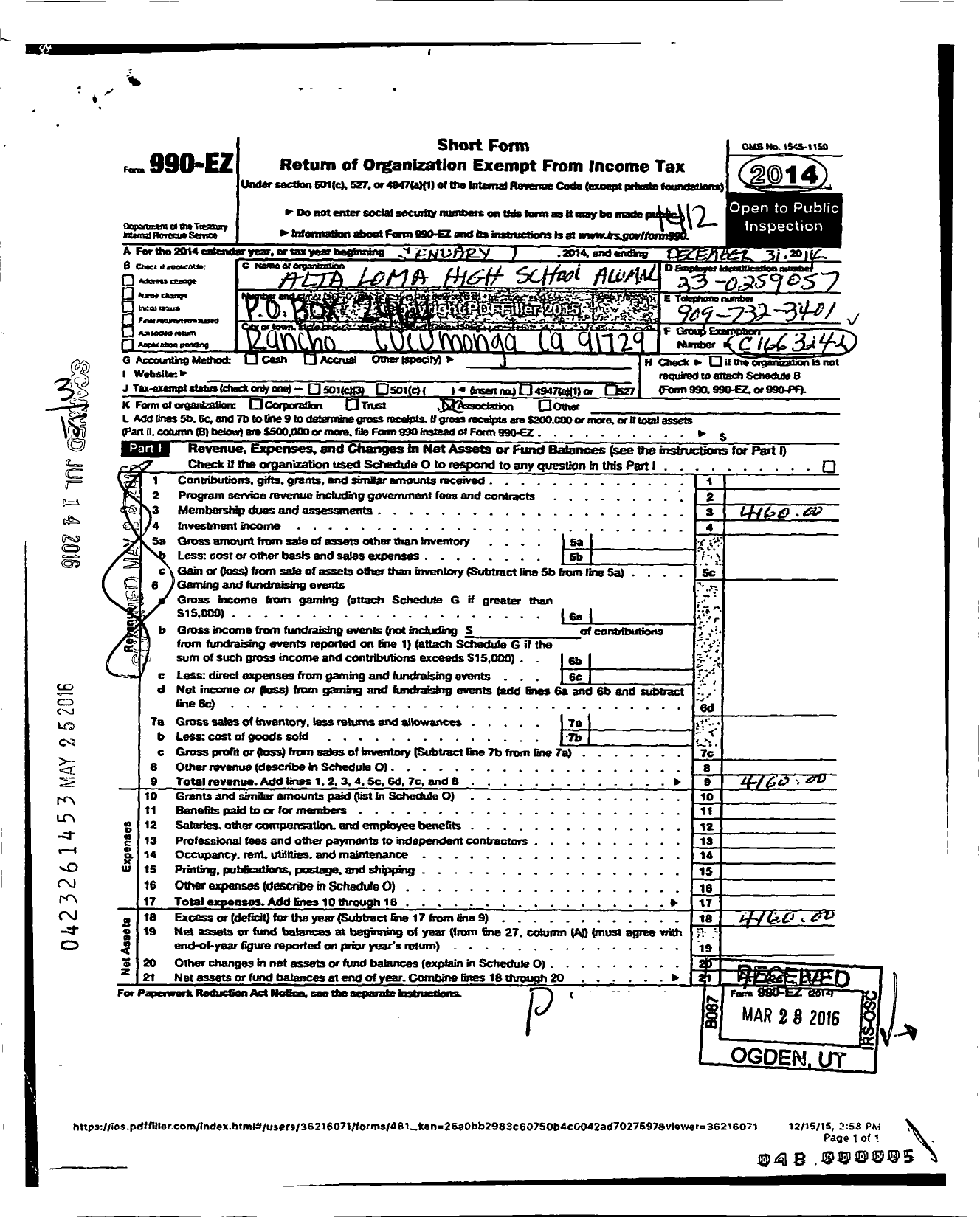 Image of first page of 2014 Form 990EO for Alta Loma High School Alumni Association