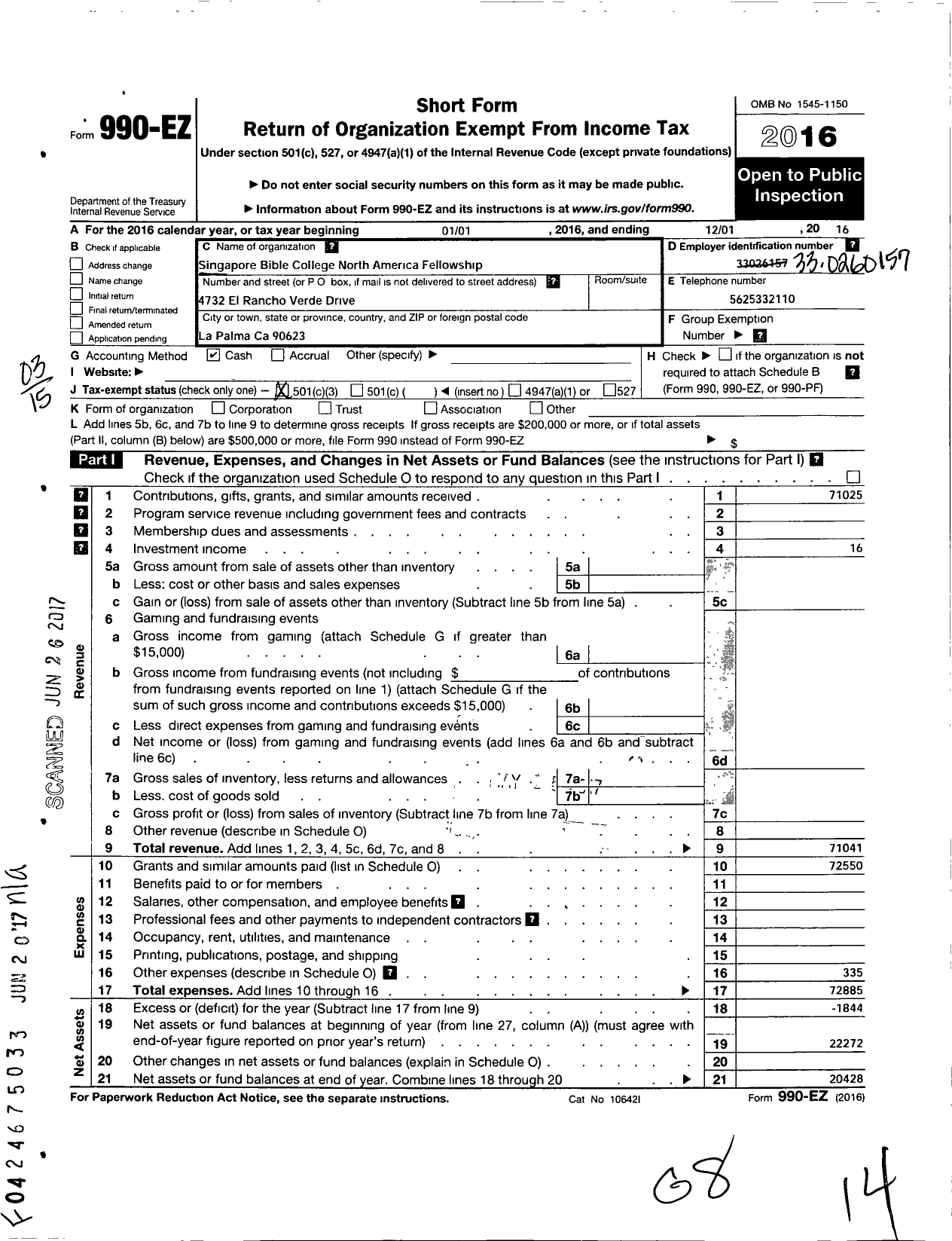 Image of first page of 2016 Form 990EZ for Singapore Bible College North America Fellowship