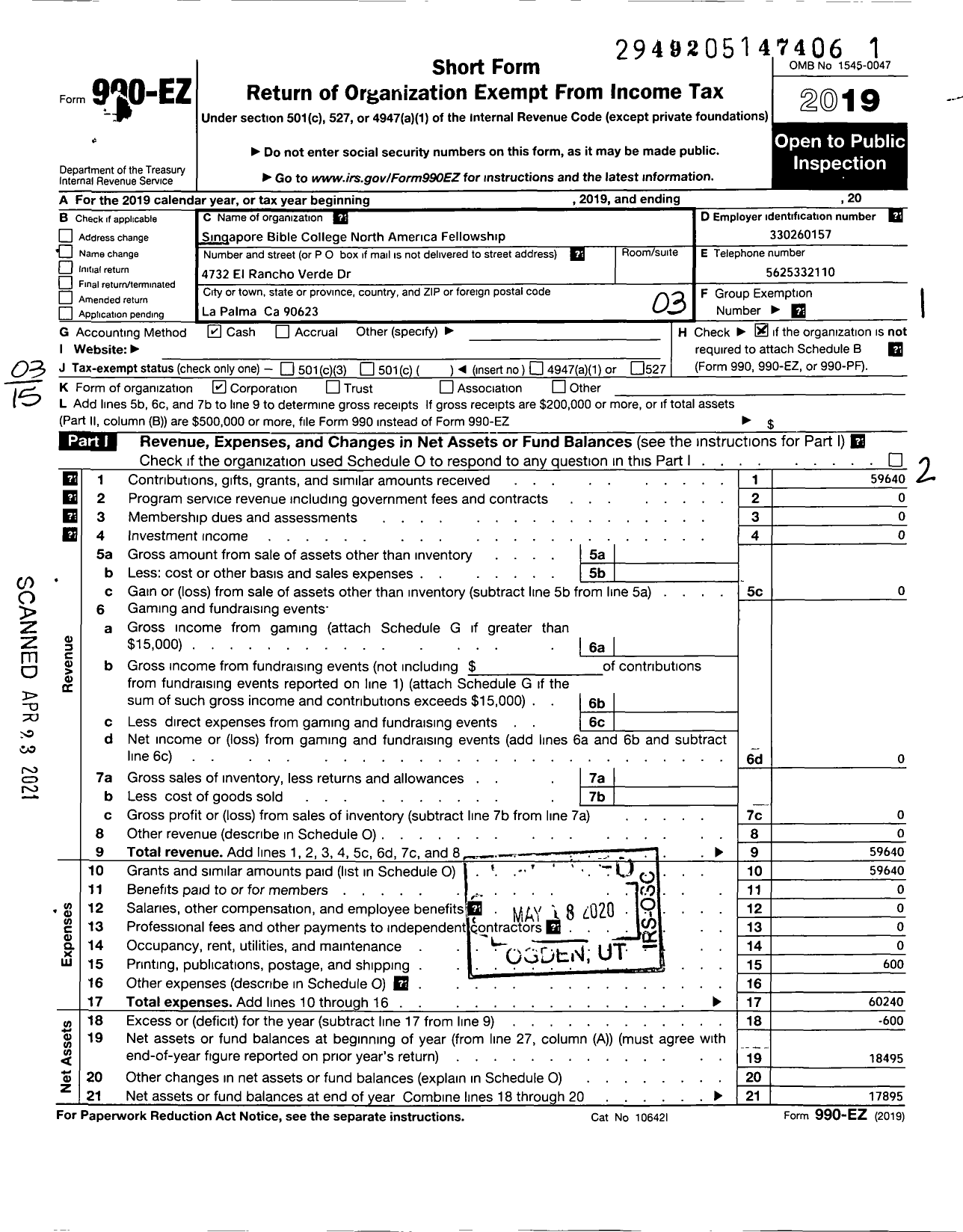 Image of first page of 2019 Form 990EZ for Singapore Bible College North America Fellowship