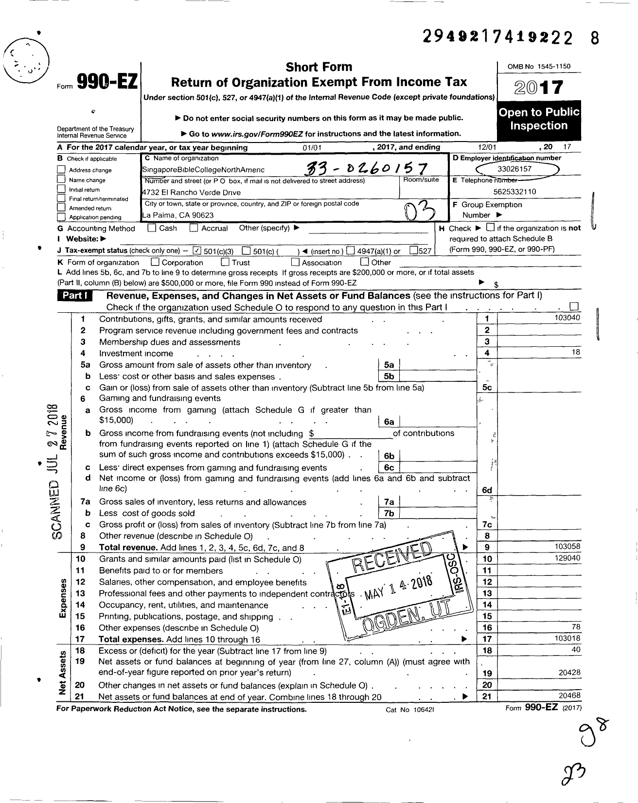 Image of first page of 2017 Form 990EZ for Singapore Bible College North America Fellowship