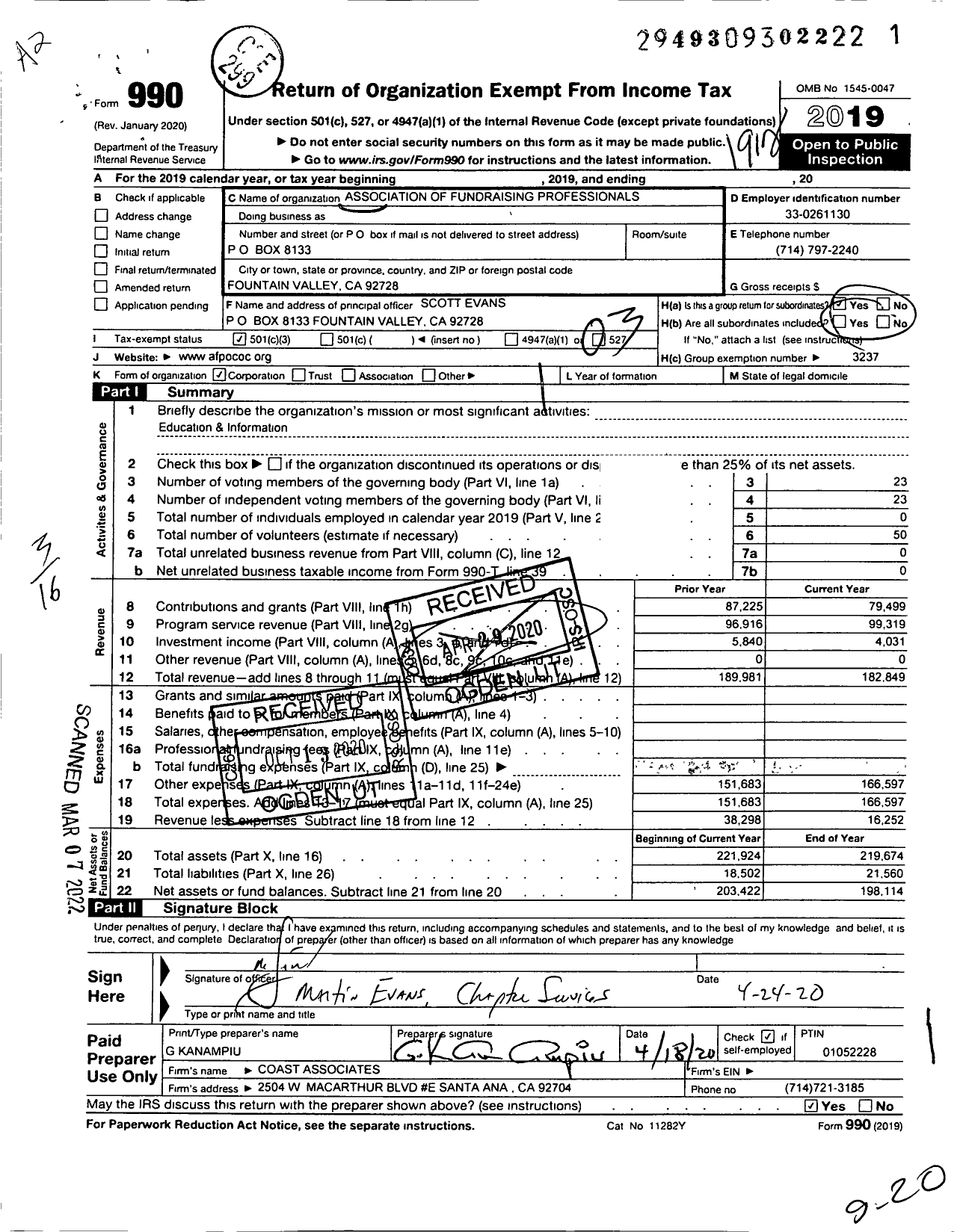 Image of first page of 2019 Form 990 for Association of Fundraising Professionals - Ca Orange County Chapter