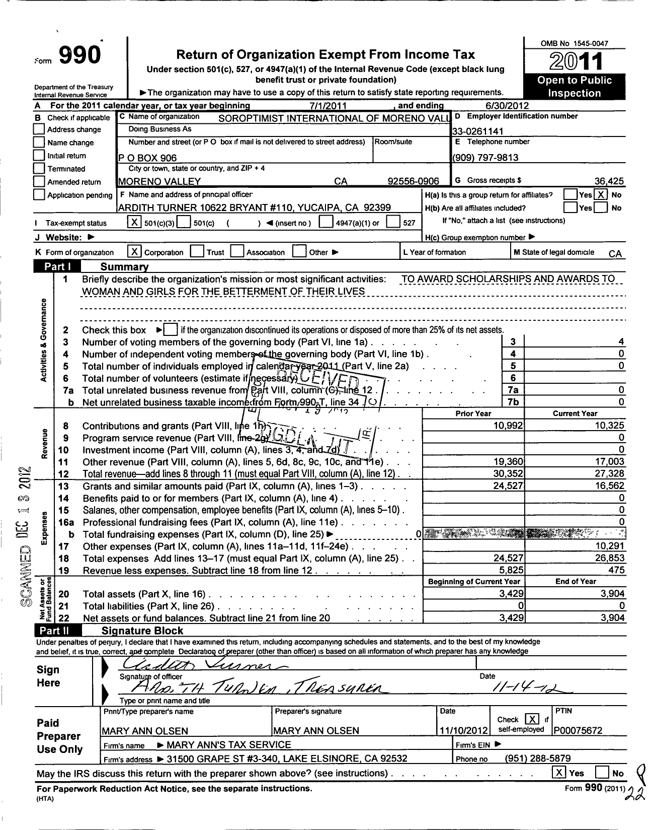 Image of first page of 2011 Form 990 for Soroptimist International of THE AMERICAS - 114334 Moreno Valley Ca