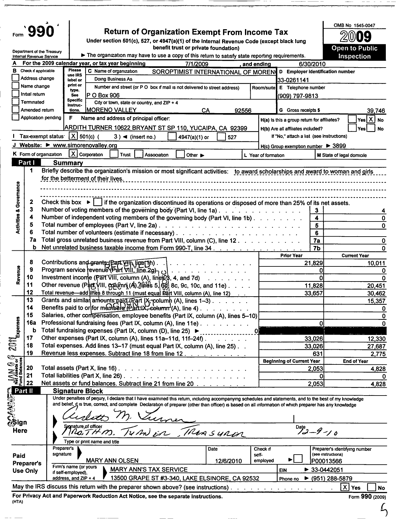 Image of first page of 2009 Form 990 for Soroptimist International of THE AMERICAS - 114334 Moreno Valley Ca