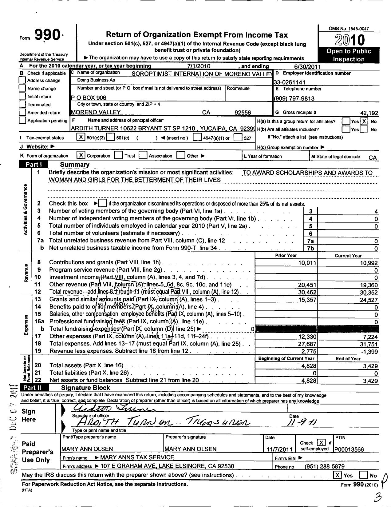 Image of first page of 2010 Form 990 for Soroptimist International of THE AMERICAS - 114334 Moreno Valley Ca