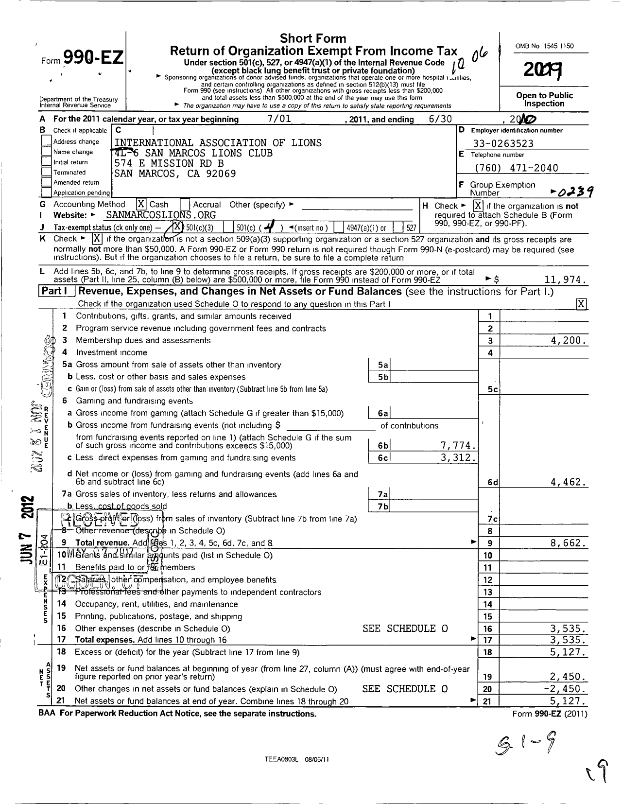 Image of first page of 2009 Form 990EO for Lions Clubs - 43134 San Marcos