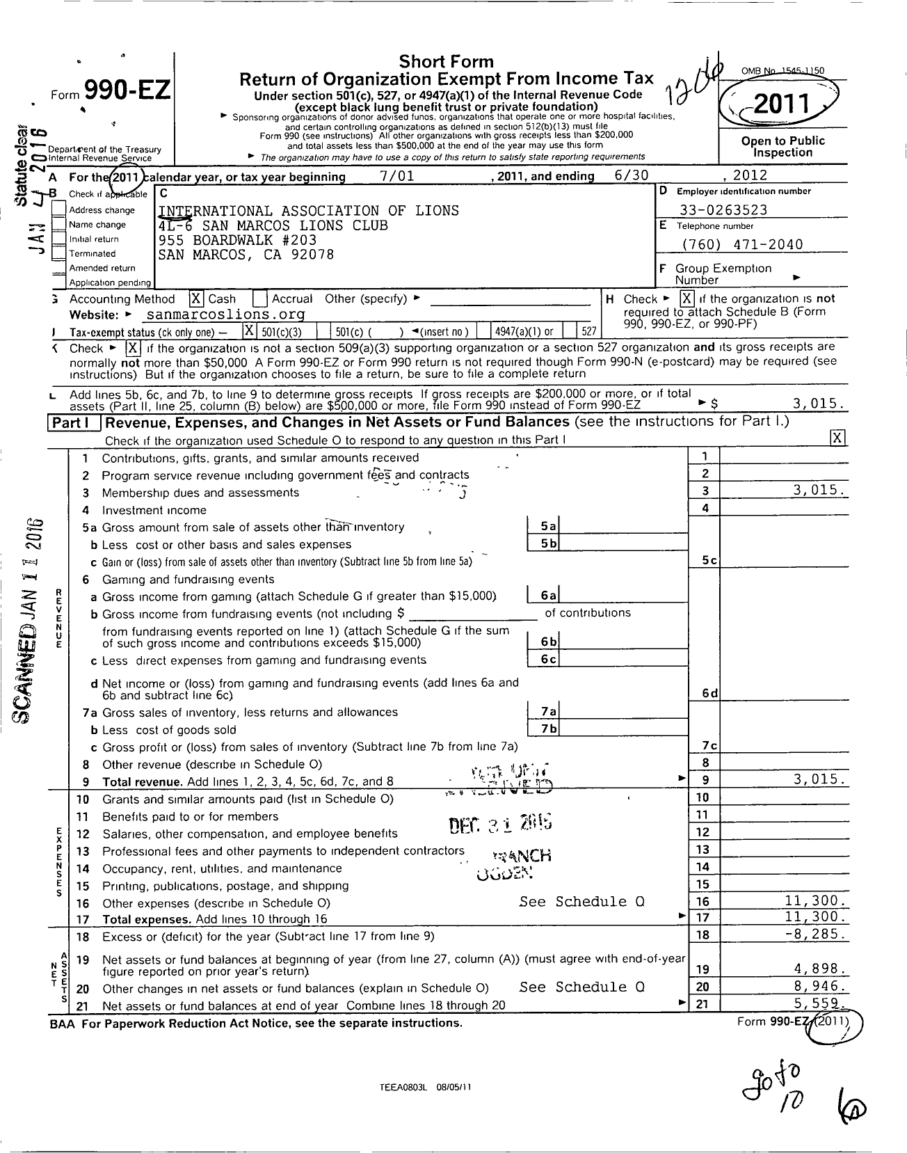 Image of first page of 2011 Form 990EZ for Lions Clubs - 43134 San Marcos