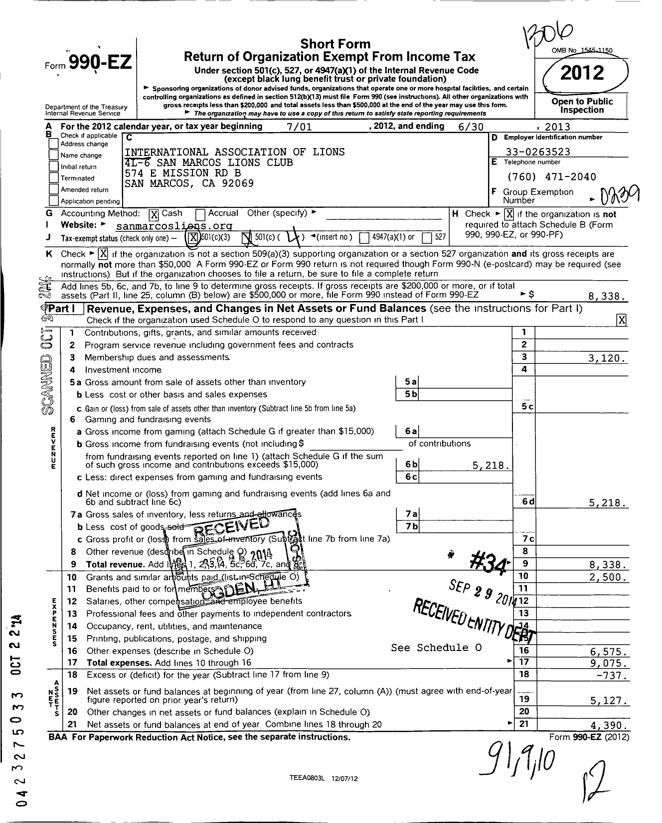 Image of first page of 2012 Form 990EO for Lions Clubs - 43134 San Marcos