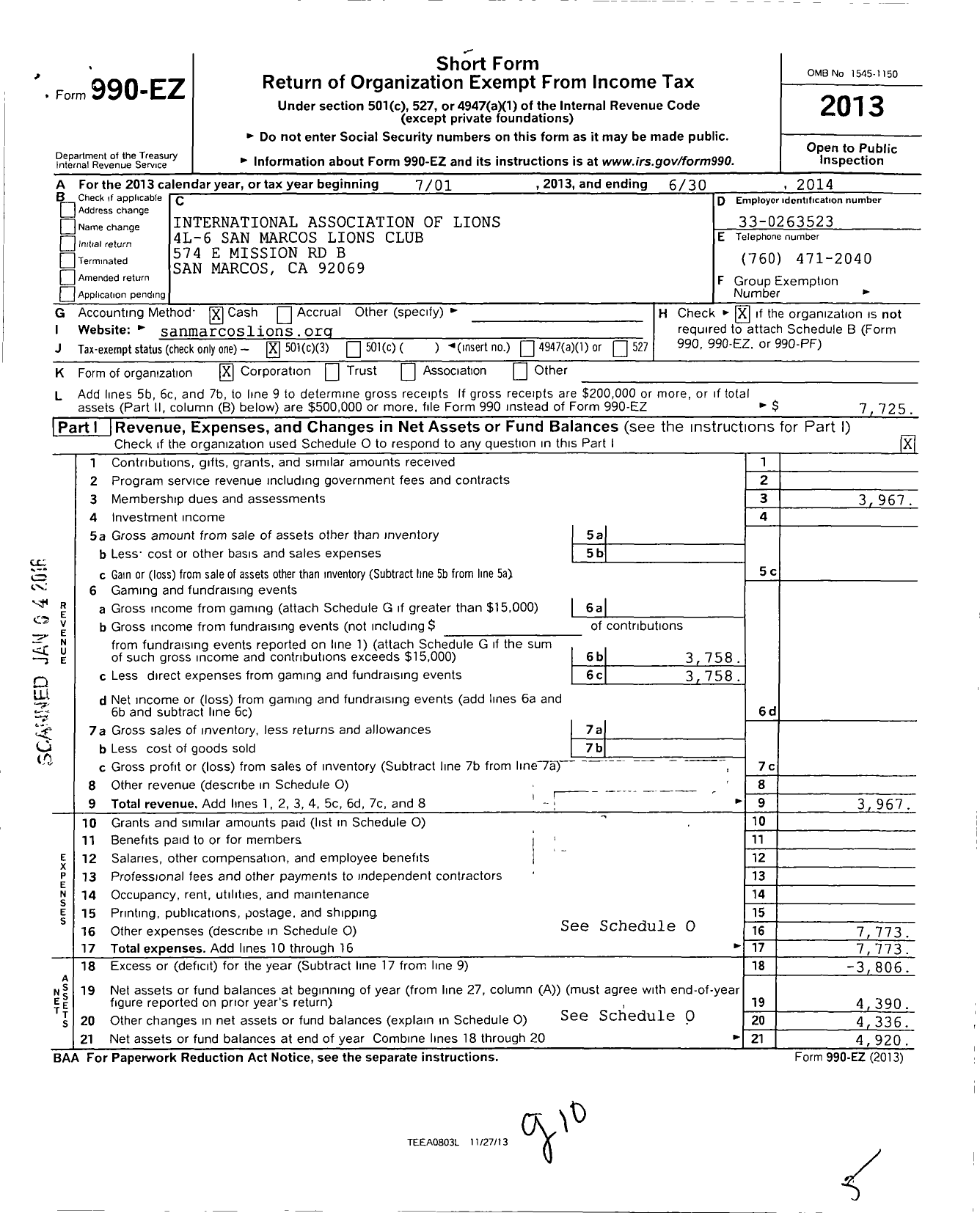 Image of first page of 2013 Form 990EZ for Lions Clubs - 43134 San Marcos