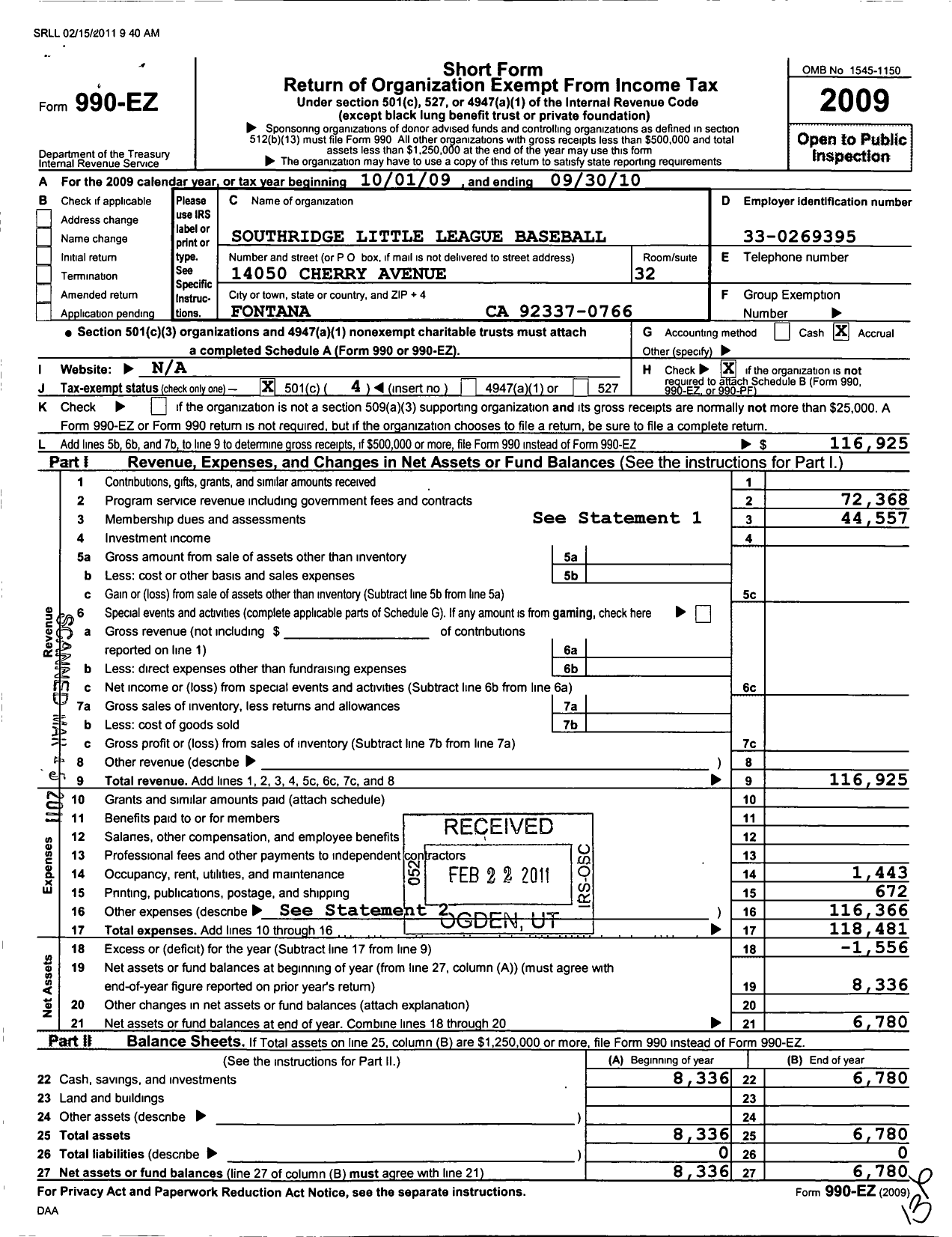 Image of first page of 2009 Form 990EO for Southridge Little League