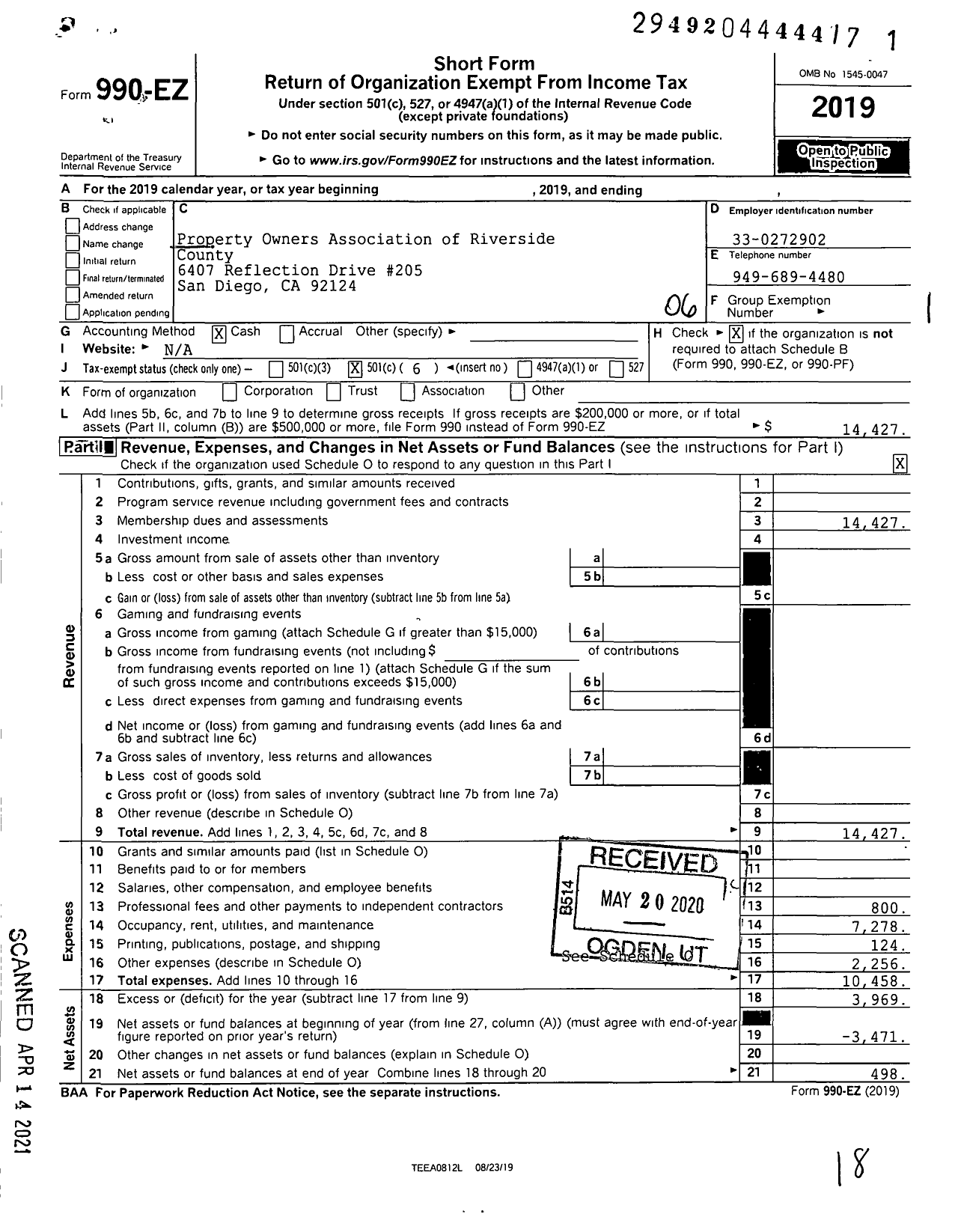 Image of first page of 2019 Form 990EO for Property Owners Association of Riverside County