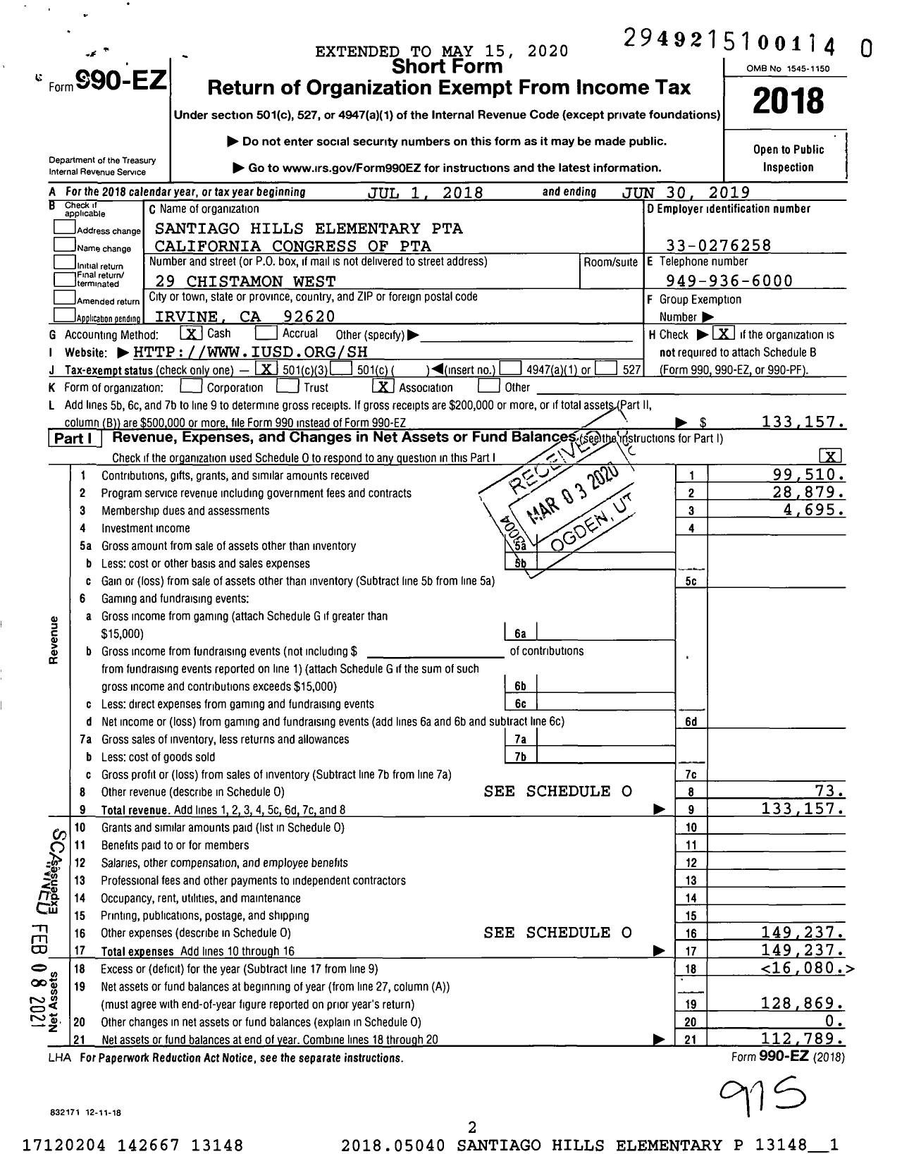 Image of first page of 2018 Form 990EZ for California State PTA - Santiago Hills Elementary PTA