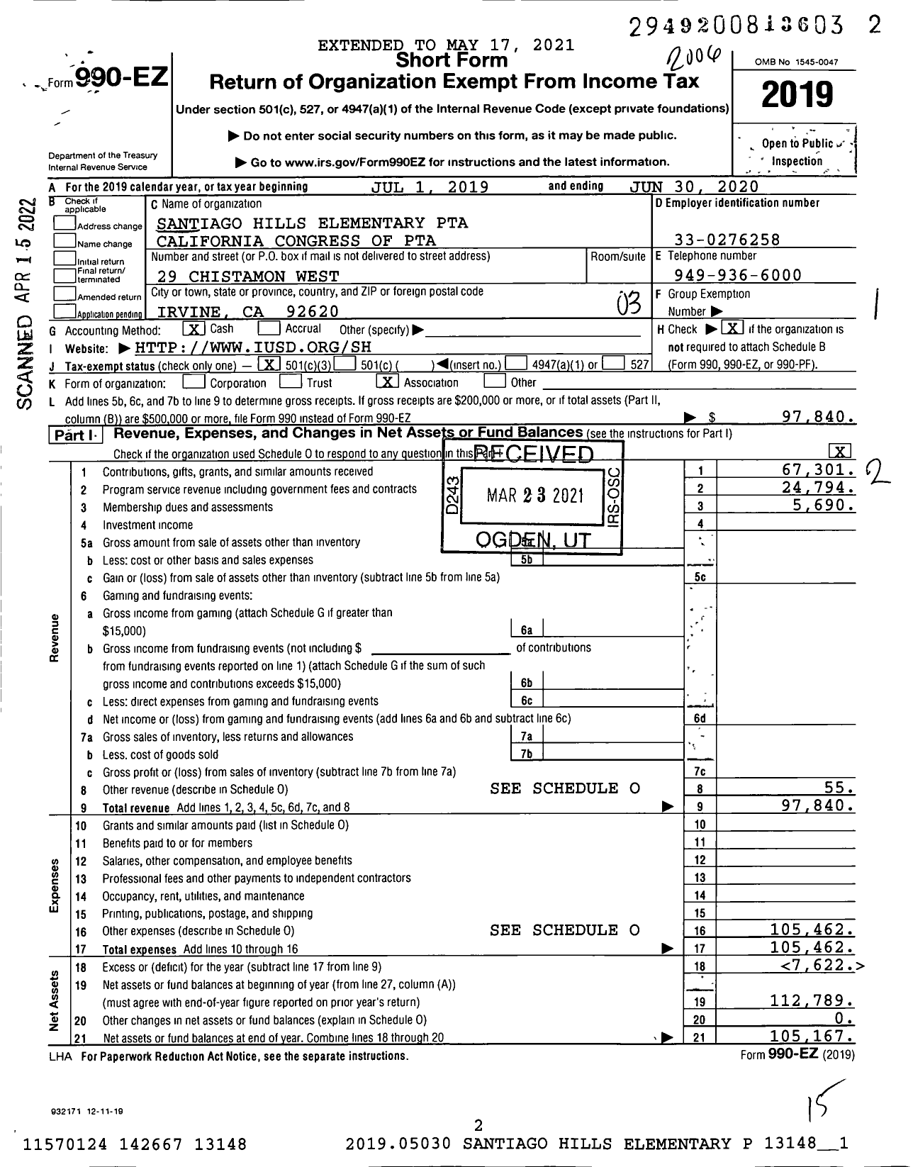 Image of first page of 2019 Form 990EZ for California State PTA - Santiago Hills Elementary PTA