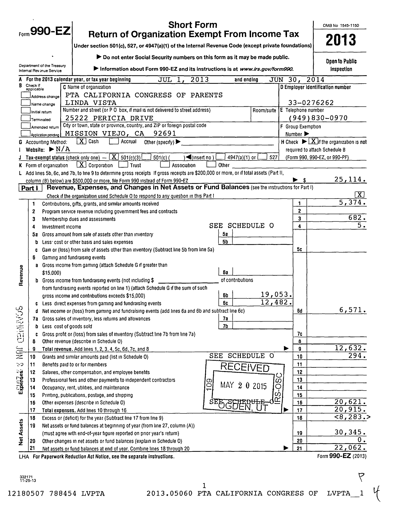 Image of first page of 2013 Form 990EZ for California State PTA - Linda Vista Elementary PTA