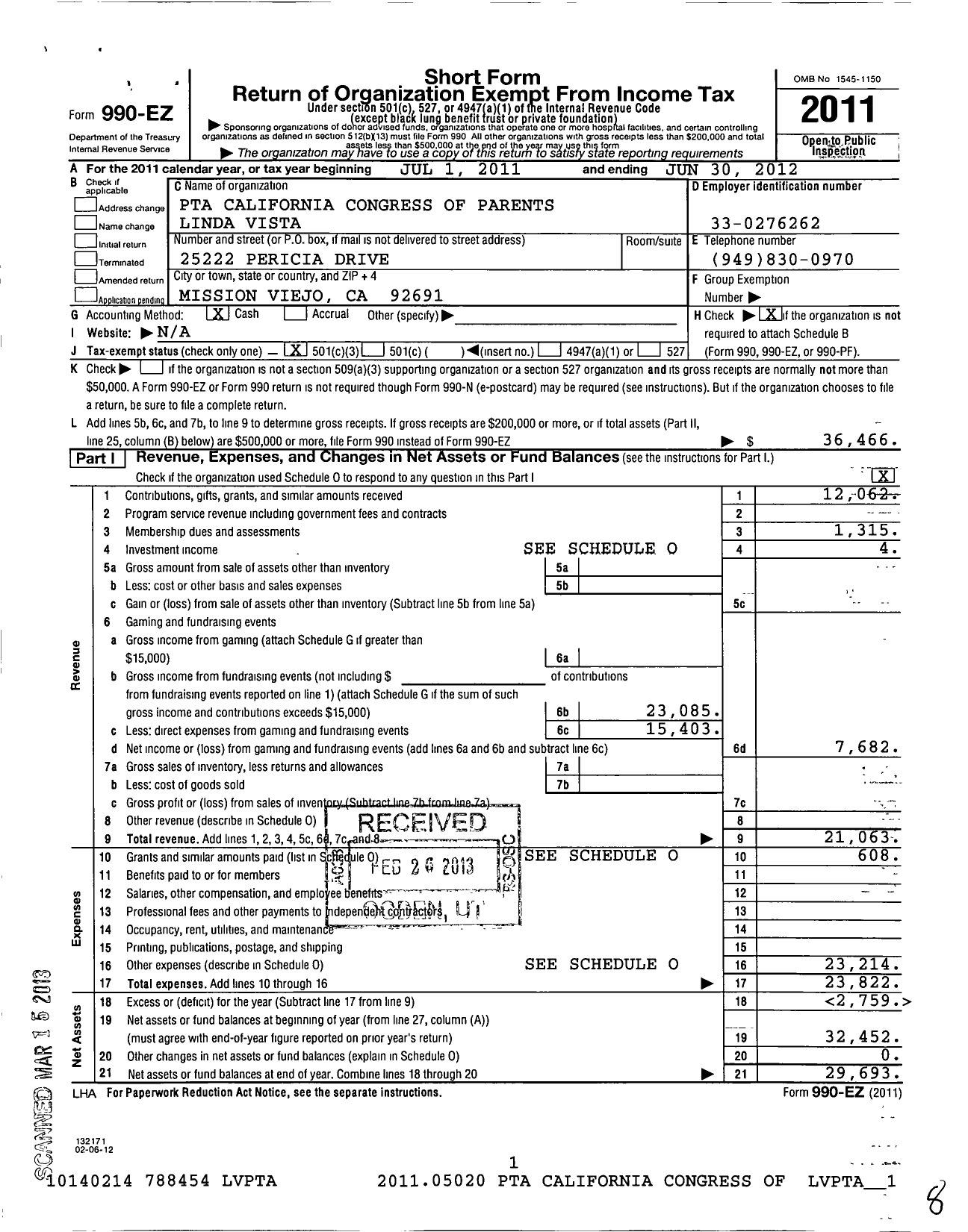 Image of first page of 2011 Form 990EZ for California State PTA - Linda Vista Elementary PTA