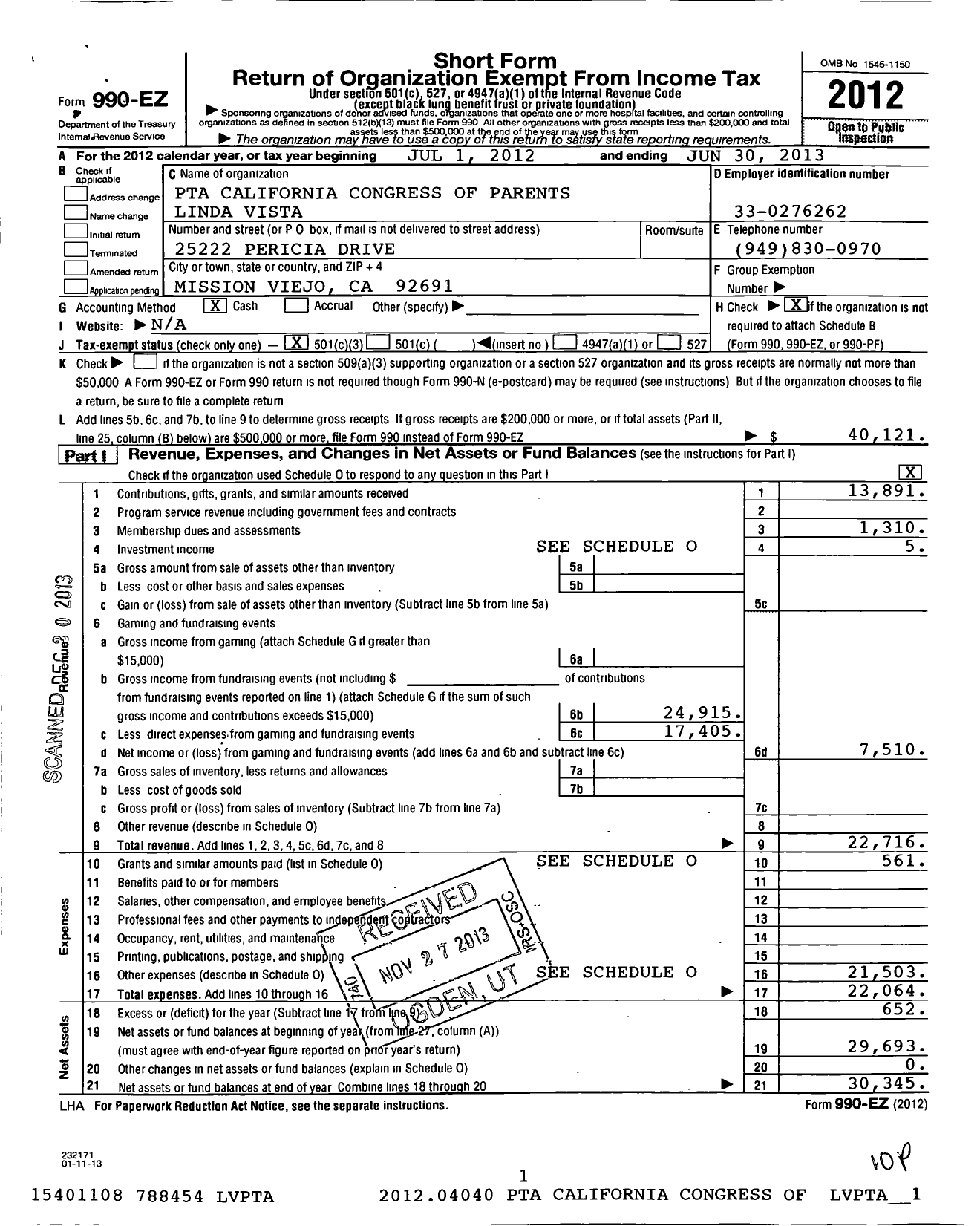 Image of first page of 2012 Form 990EZ for California State PTA - Linda Vista Elementary PTA