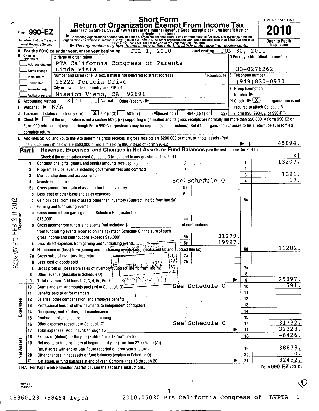 Image of first page of 2010 Form 990EZ for California State PTA - Linda Vista Elementary PTA