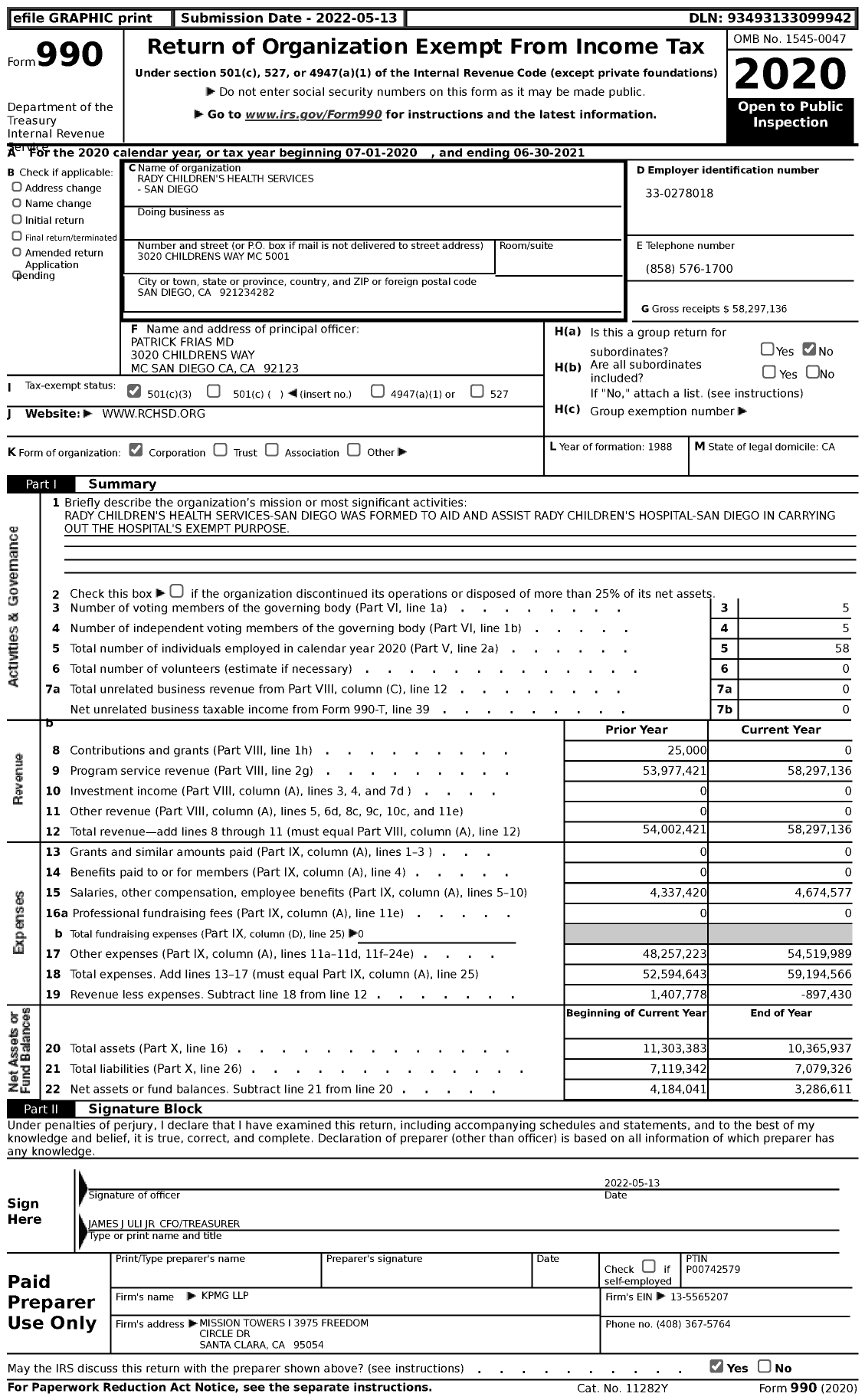 Image of first page of 2020 Form 990 for Rady Children's Health Services -san Diego