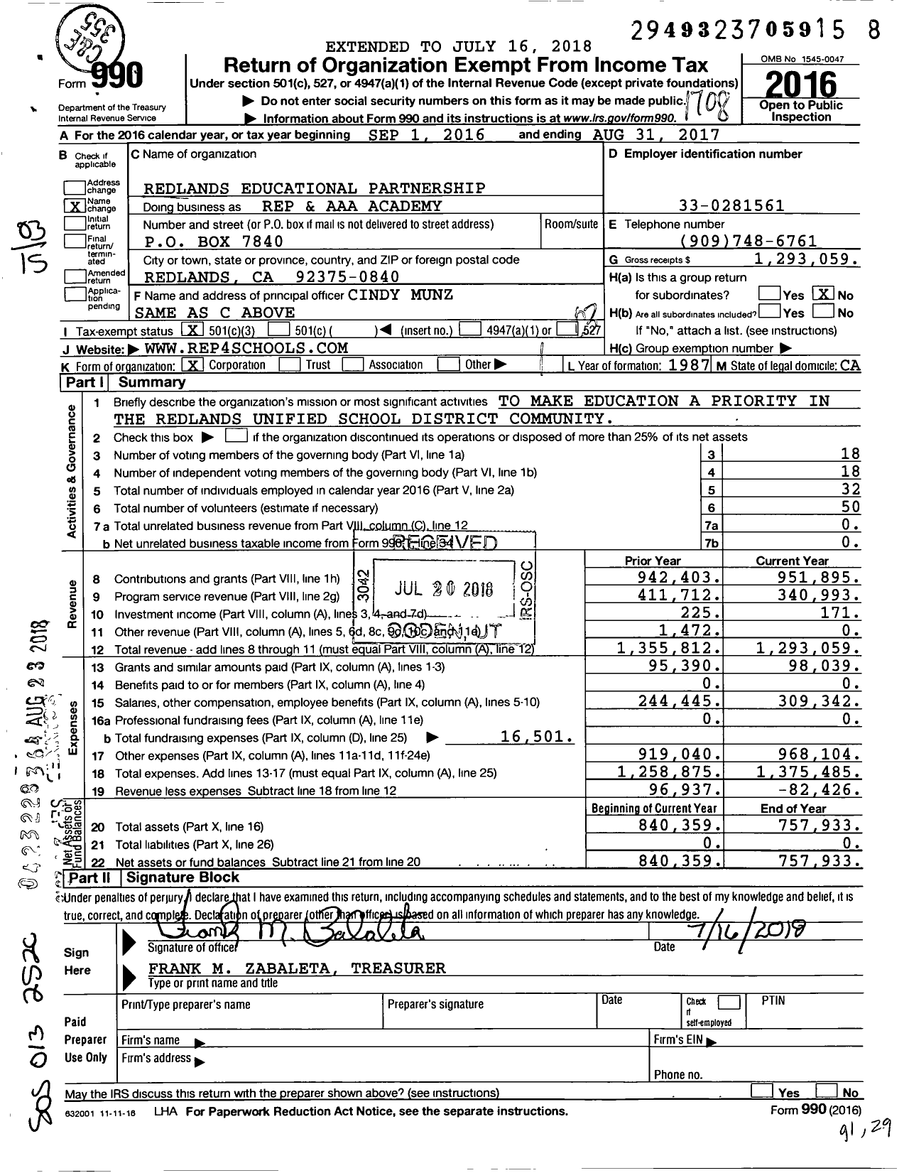 Image of first page of 2016 Form 990 for Rep and Aaa Academy