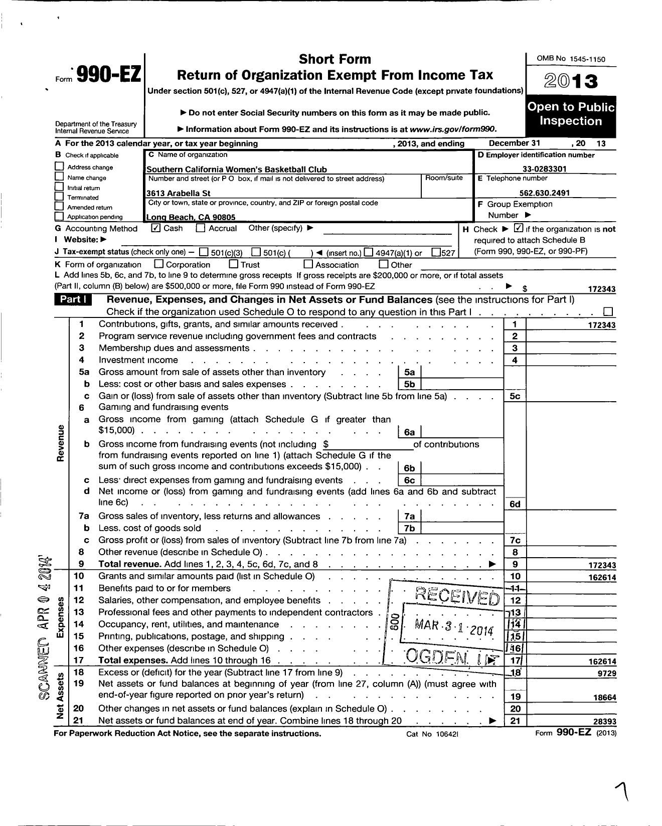 Image of first page of 2013 Form 990EO for Southern California Womens Basketball Club