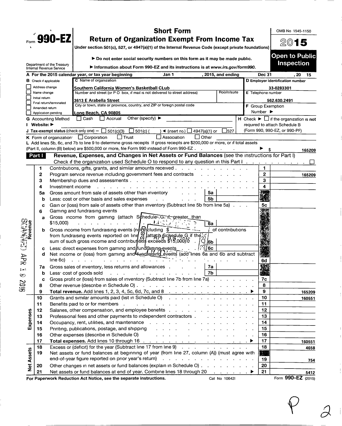 Image of first page of 2015 Form 990EO for Southern California Womens Basketball Club